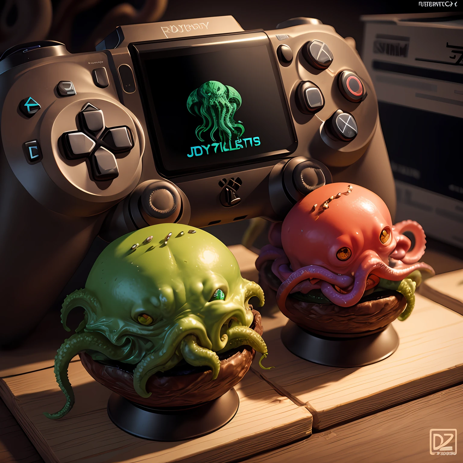 there are two game controllers with octopus heads on them, tentacles wrapped around burgers, 3d 8k octan render, polycount contest winner, 3 d clay render, 3d clay render, 4 k octan render, video game render, tentacled creature mix, hyper realistic detailed render, featured on polycount, photo of cthulhu, 3 d octane render conceptart