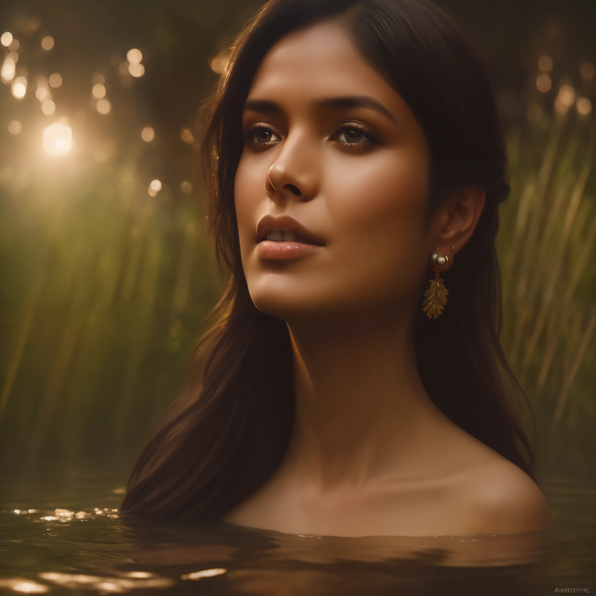 close up portrait of a cute woman (indian) bathing in a river, reeds, (backlighting), realistic, masterpiece, highest quality, lens flare, shade, bloom, [[chromatic aberration]], by Jeremy Lipking, by Antonio J. Manzanedo, digital painting,