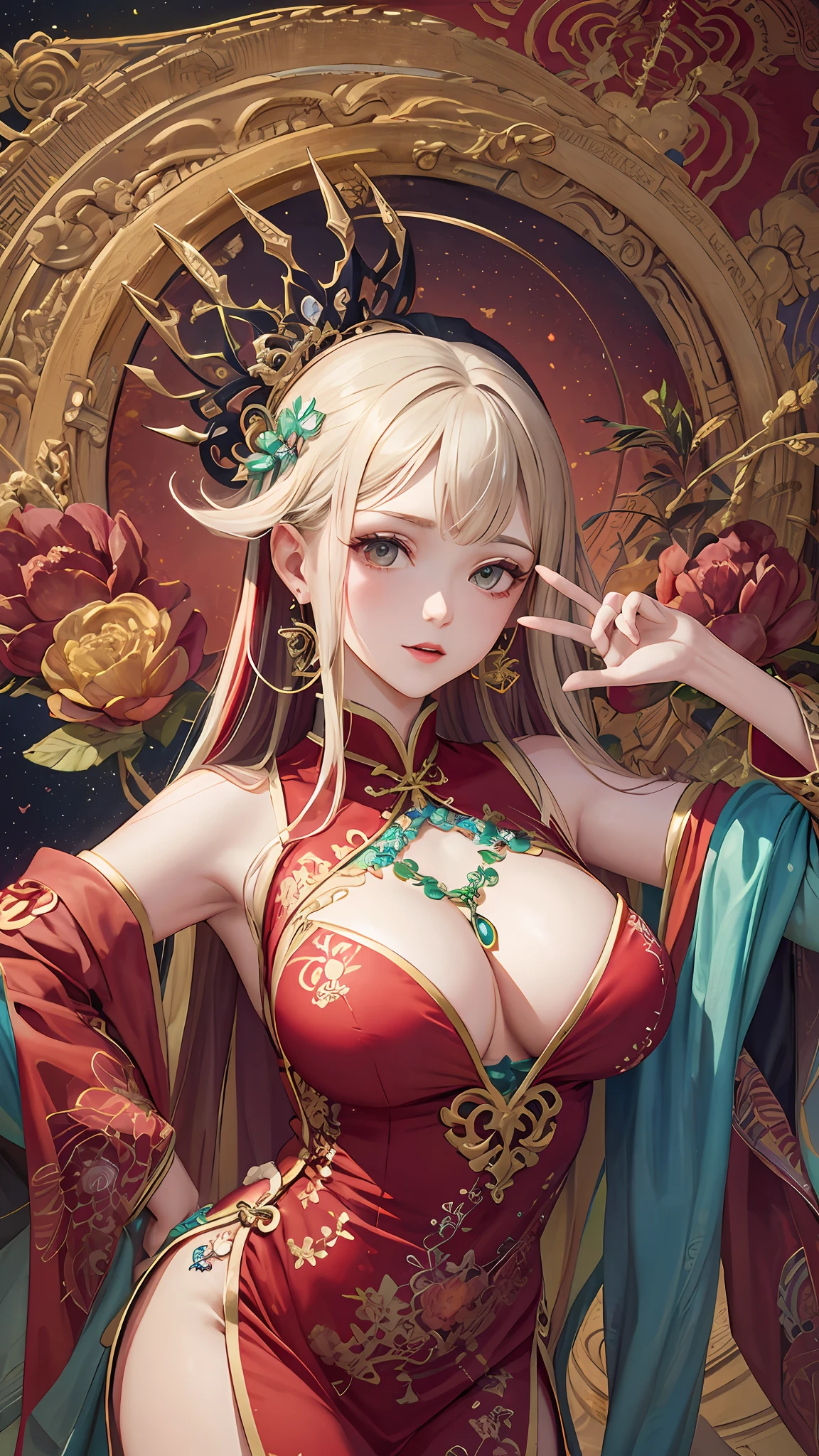 (Masterpiece, Top Quality, Best Quality, Official Art, Beauty and Aesthetics: 1.2), (1girl: 1.3), Very Detailed, (Fractal Art: 1.1), (Color: 1.1), Most Detailed, (Zentangle: 1.2), (Dynamic Pose), (Abstract Background: 1.3), (Chinese Dress: 1.2), (Shiny Skin), (Many colors:1.4), ,(earrings:1.4),