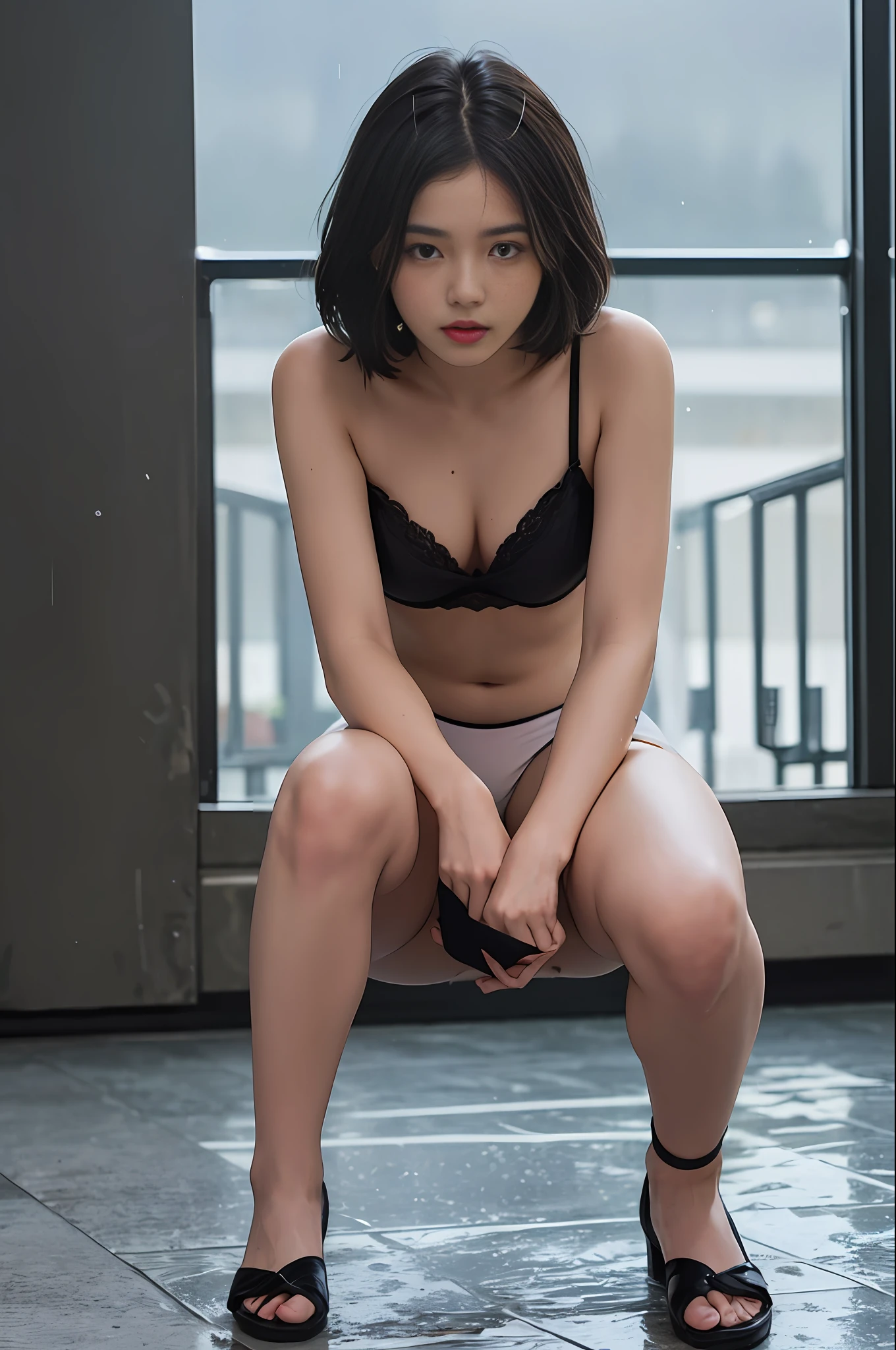 A girl, 18 years old, Chinese model, tong, perfect face, perfect hands, perfect legs, black hair, short hair, messy hair, black silk, flesh-colored panties, first view, photo portrait, masterpiece, master photography, bold style, open personality, legs open, biting down lip, clear skin texture, real skin, dew, rain, wet, panorama, full body picture --auto
