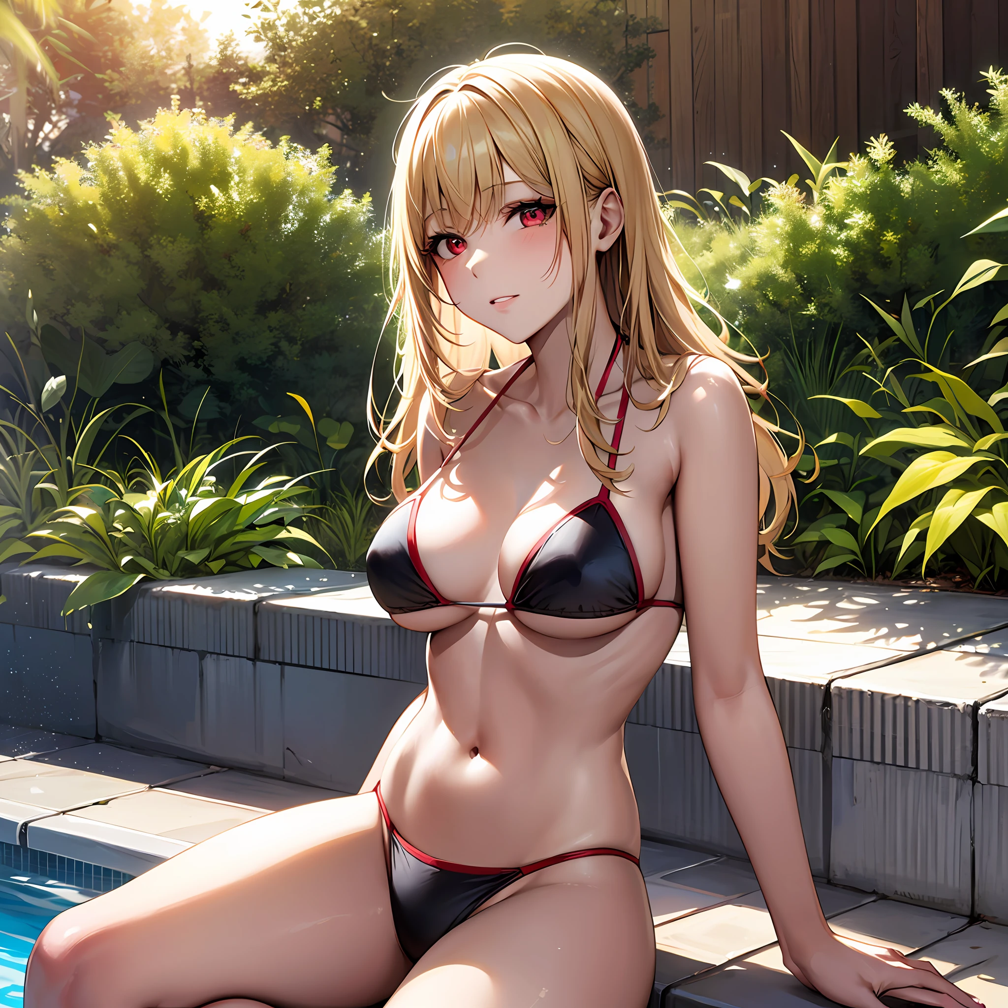 blonde girl, red eyes, solo, sitting, sun, sunlight, bikini, poolside, sitting