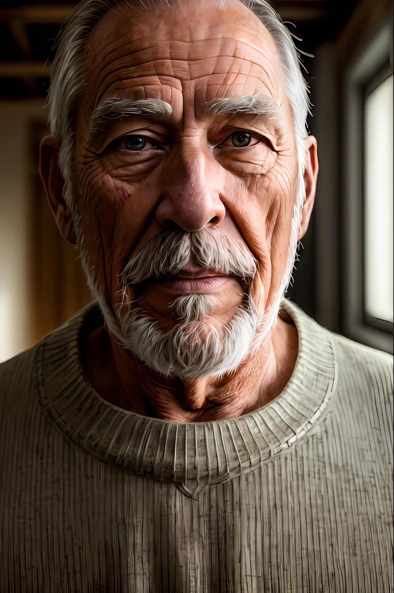 (masterpiece, photorealistic, raw,:1.4), (extremely intricate:1.2), close up, cinematic light, sidelighting, ultra high res, best shadow, RAW, upper body, old man, wearing pullover,