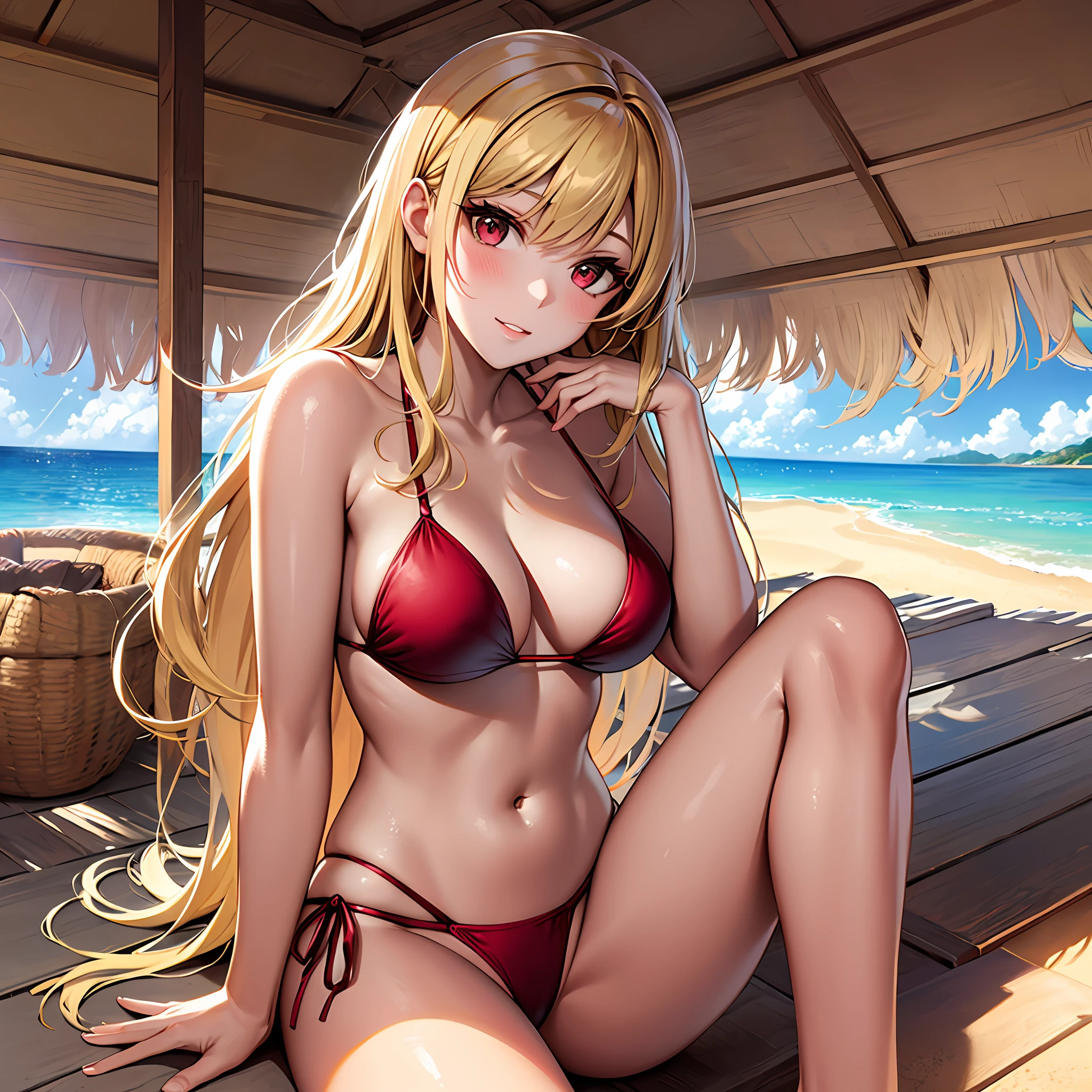 blonde girl, red eyes, solo, sitting, sun, sunlight, bikini, beach, seaside