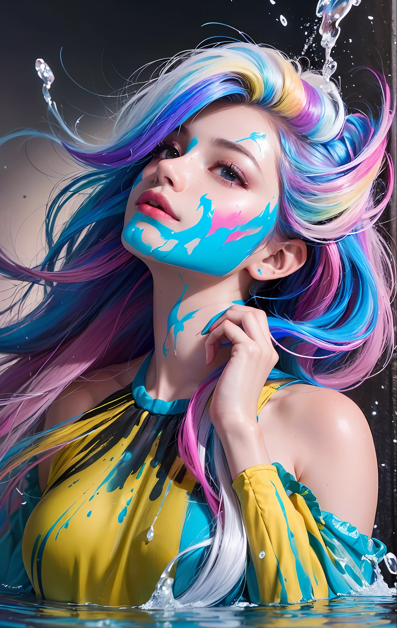 Full body portrait, standing, (colorful fashion ultra-small mini bikini: 1.9), (colorful hair: 1.8), (all colors of the rainbow: 1.8), (vertical: 1.6))), (painting, painting, portrait), cartoon, illustration, painting, large, crystal clear eyes, (rainbow gradient high ponytail: 1.7), exquisite makeup, mouth closed, (small fresh(1.5), (Big: 1.6), long eyelashes, looking at the audience, big watery eyes, (iridescent hair: 1.6), color splash, (solo, :1.8), color splash, color explosion, thick paint style, messy lines, ((sparkling)), (colorful), (colorful), colorful, colorful, chic paint style, (splash) (color splash), vertical painting, upper body, paint splash, acrylic pigment, gradient, paint, best quality, best quality, masterpiece, , solo, , depth of field, face paint, colorful clothing, (elegantly: 1.2), gorgeous,long hair, wind, (elegantly: 1.3), (petals: 1.4), (Masterpiece,)))), (highest quality)))), (( ( Ultra detailed)), ( Illustration), (Dynamic Angle), (((Floating)), (Paint), (disheveled hair)), (Solo,), (1 girl), (Detail anima face))), (((Beautiful Detail Face)), Collared, Bare shoulders, Gray hair, (((Colorful hair)), ((Striped hair)), Beautiful Detailed Eyes, (Gradient Color Eyes), (Colorful Eyes)), ( High saturation)))), (((surrounded by colorful splashes))),