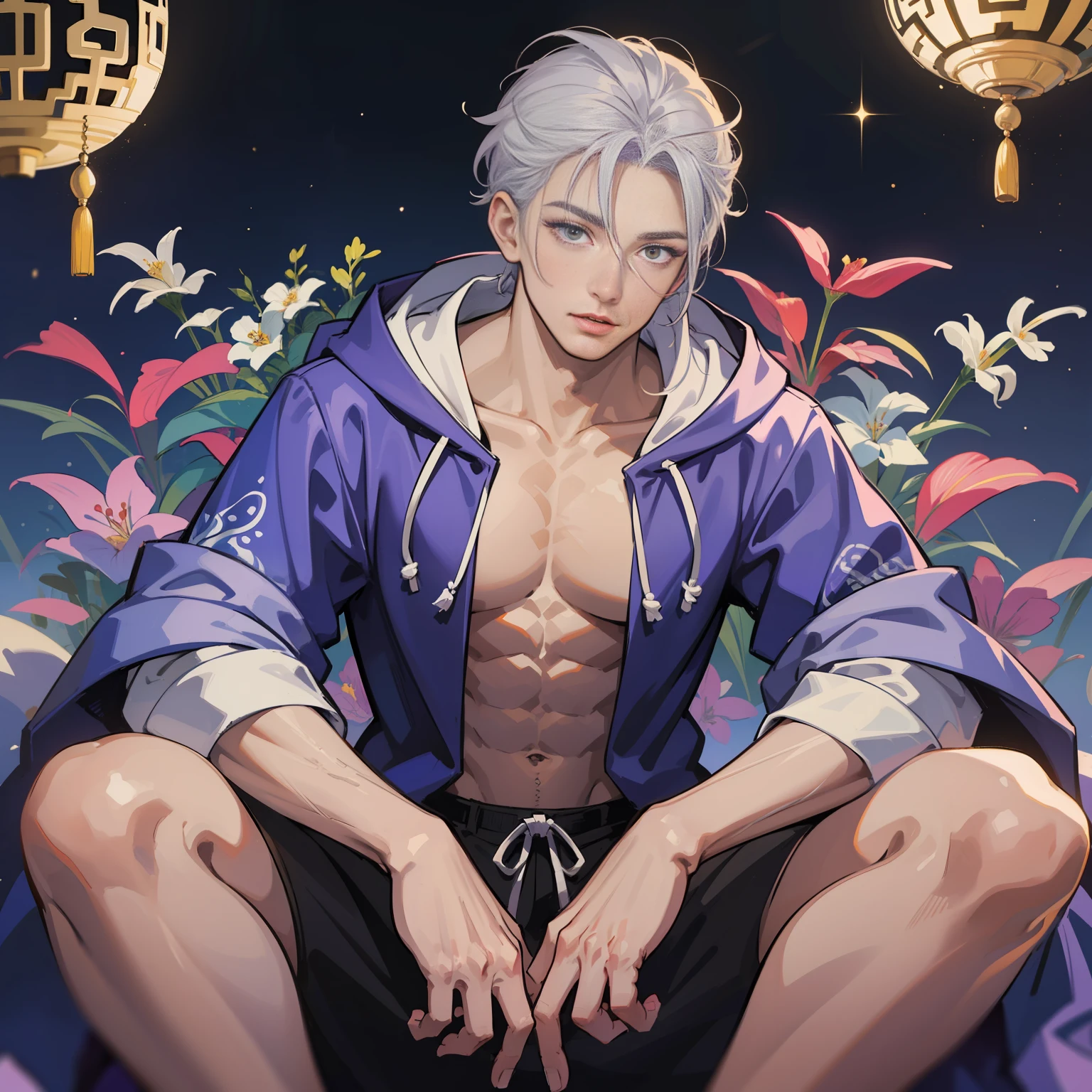 muscular boy, masculine face, wild, masculine, valiant, handsome, rugged, hoodie, modern chinese traditional costume, fusion of ancient Chinese and modern, king of rappers, pectoral muscles, abs, cool atmosphere, sitting, solid posture, fashionista, stylish, colorful, individual, luxurious, Cantonese, singing, dancing, sky with stars shining like dreams, Book of Quiet Night, Starry Sky Blooming Brightly, Whispering Dream and Confusion Border, Cantonese Pride, Light Blue-Purple Clothes, Light Blue-Violet, Light Purple, White