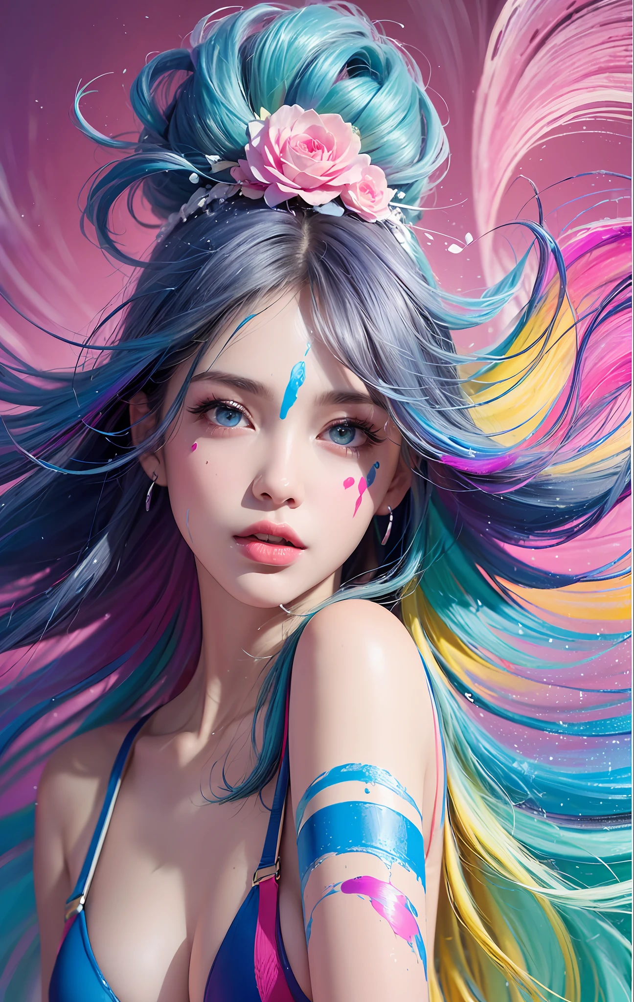 Full body portrait, standing, (colorful fashion ultra-small mini bikini: 1.9), (colorful hair: 1.8), (all colors of the rainbow: 1.8), (vertical: 1.6))), (painting, painting, portrait), cartoon, illustration, painting, large, crystal clear eyes, (rainbow gradient high ponytail: 1.7), exquisite makeup, mouth closed, (small fresh(1.5), (Big: 1.6), long eyelashes, looking at the audience, big watery eyes, (iridescent hair: 1.6), color splash, (solo, :1.8), color splash, color explosion, thick paint style, messy lines, ((sparkling)), (colorful), (colorful), colorful, colorful, chic paint style, (splash) (color splash), vertical painting, upper body, paint splash, acrylic pigment, gradient, paint, best quality, best quality, masterpiece, , solo, , depth of field, face paint, colorful clothing, (elegantly: 1.2), gorgeous,long hair, wind, (elegantly: 1.3), (petals: 1.4), (Masterpiece,)))), (highest quality)))), (( ( Ultra detailed)), ( Illustration), (Dynamic Angle), (((Floating)), (Paint), (disheveled hair)), (Solo,), (1 girl), (Detail anima face))), (((Beautiful Detail Face)), Collared, Bare shoulders, Gray hair, (((Colorful hair)), ((Striped hair)), Beautiful Detailed Eyes, (Gradient Color Eyes), (Colorful Eyes)), ( High saturation)))), (((surrounded by colorful splashes))),