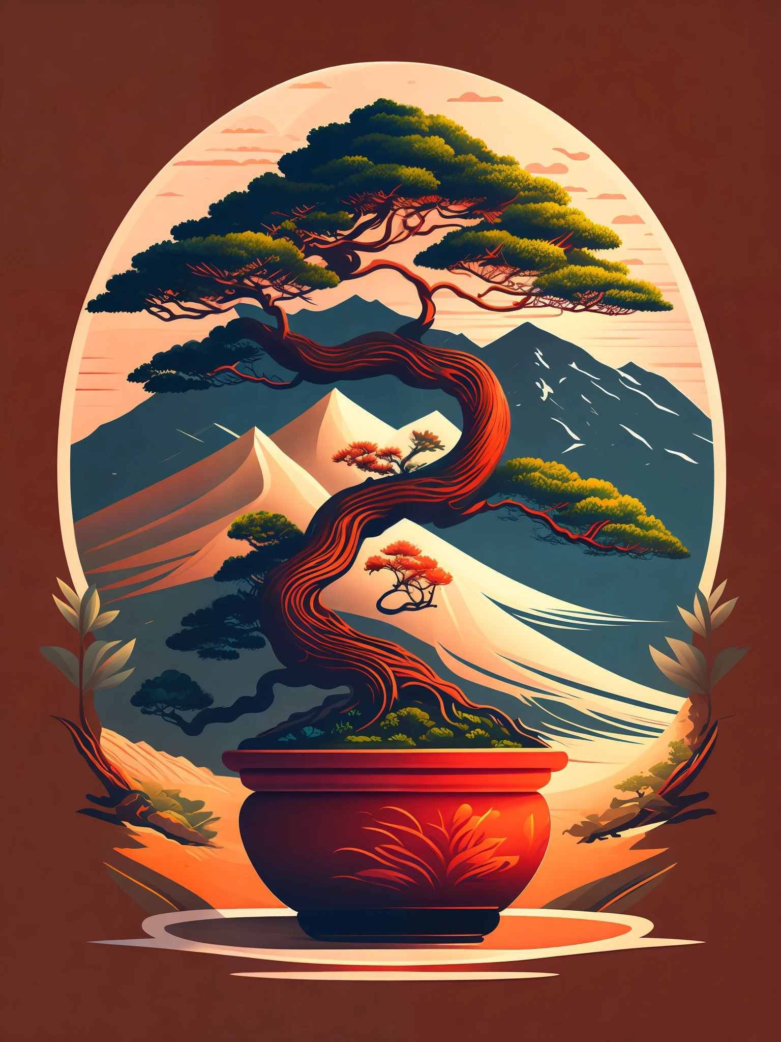 a bonsai tree in a beautiful landscape, tshirt design, rzminjourney, vector-art
