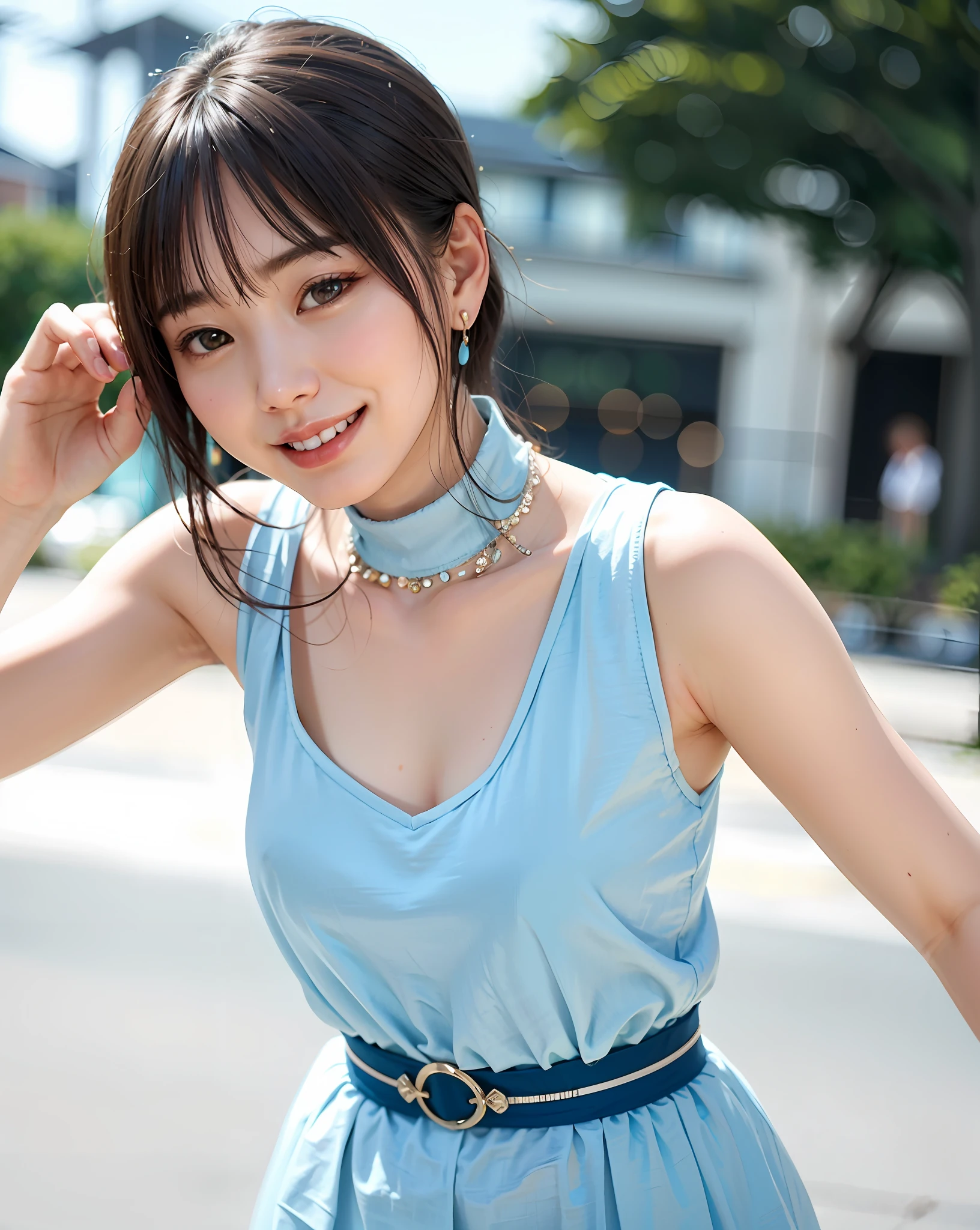 a woman posing on the street corner with light blue dress on, best quality, 1girl, large breasts, day, bright, blur background, bokeh, outdoor, (street:0.8), (people, crowds:1), (lace-trimmed dress:1.5, sleeveless dress, light blue clothes, light blue high-neck dress:1.2, blue dress: 1.5), gorgeous, (short hair, forehead:1.2), beautiful detailed sky, earrings, (dynamic pose:1.2), (upper body:0.8), soft lighting, wind, shiny skin, smile,