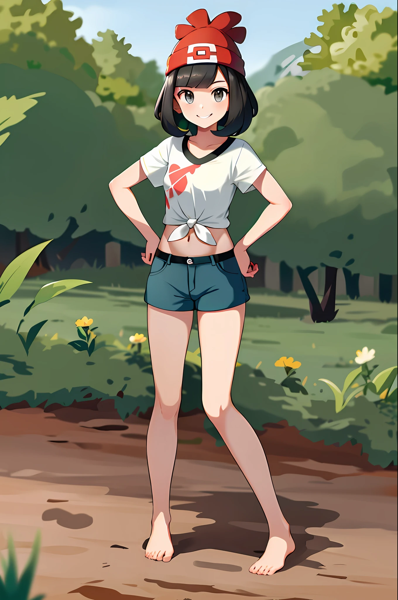 Masterpiece, Top Quality, High Resolution, Selene 1, 1 Girl, Selene 1, 1 Girl, Selene (Pokemon), Solo, Grey Eyes, Black Hair, Bikini Shorts, Red Hat, Beanie, Hide Nipples with Adhesive Plaster, Tied Shirt, Floral, Shorthair, Bikini Shorts, Stripes, Barefoot,Grass, Field, Smile, Have a Pokeball, Put Your Hands on Your Hips, Pokeball\(Basic\),(( Full body)), upright, (((middle school))), ((((8years old-14years old)))), girl, angle from the front, cute
