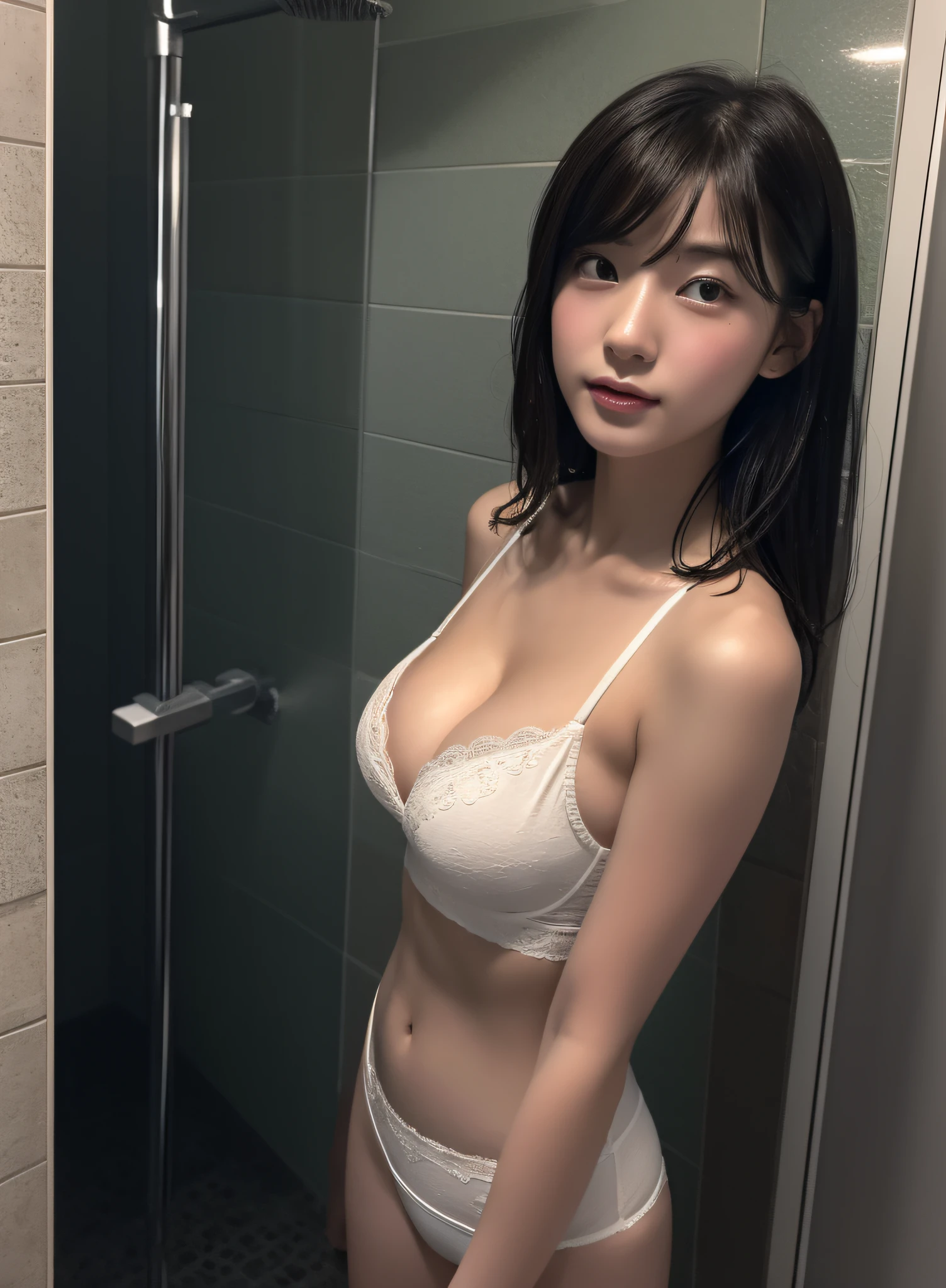 (Best quality, 8k, 32k, Masterpiece, UHD, photorealistic,natural light:1.2),Photo of very pretty Japanese young 1girl wearing panties and bra,high school student,full body shot ,(solo:1.5), huge breasts,lowra,very cute, extremely detailed eyes and face, eyes with beautiful details,round face,bangs,short hair,solo,1girl,changing room front of shower,Shoulder-length hair,standing in the shower,cleavage,wet