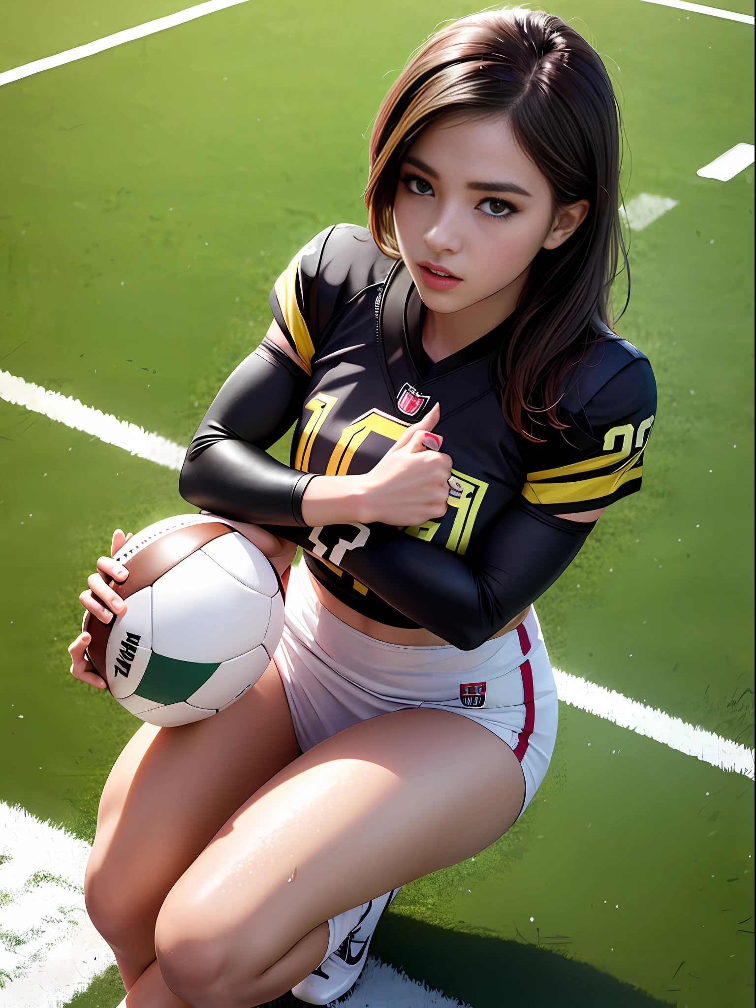 masterpiece,super detailed realistic illustration,1beautiful girl,football‐succer uniform,narro,detailed beautiful big eyes,shiny skins,wet skins sweat,dynamic pose,football‐succer match venue,dramatic,light,