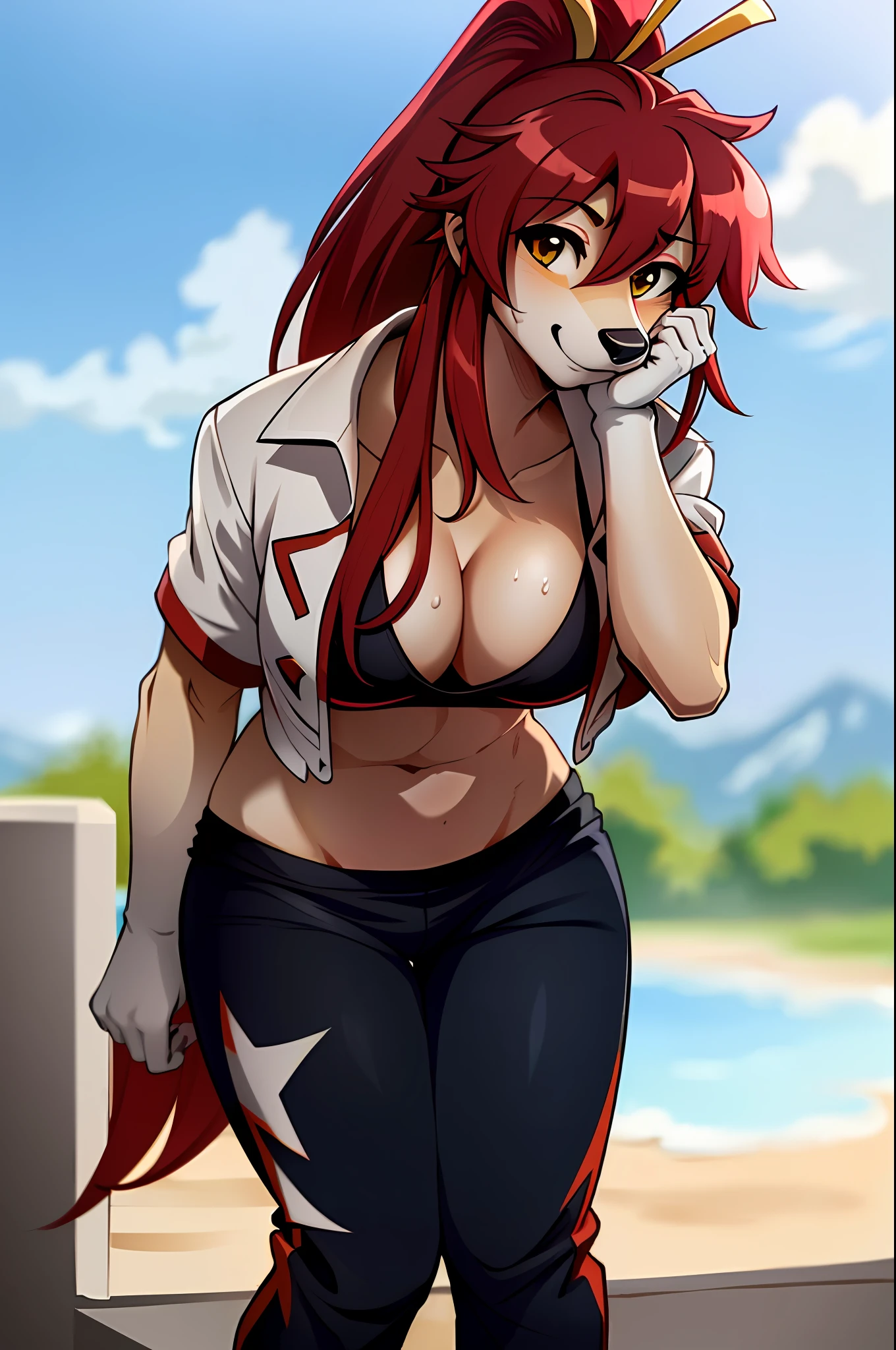 ((masterpiece, best quality)), (anthro furry:1.3, muzzle:1.2, anthro:1.3, furry:1.2, closeup:1.2, female solo:1.2, neckline, leaning forward, smile, red), no blouse, sweatpants,bright colors, body comes desehado and made