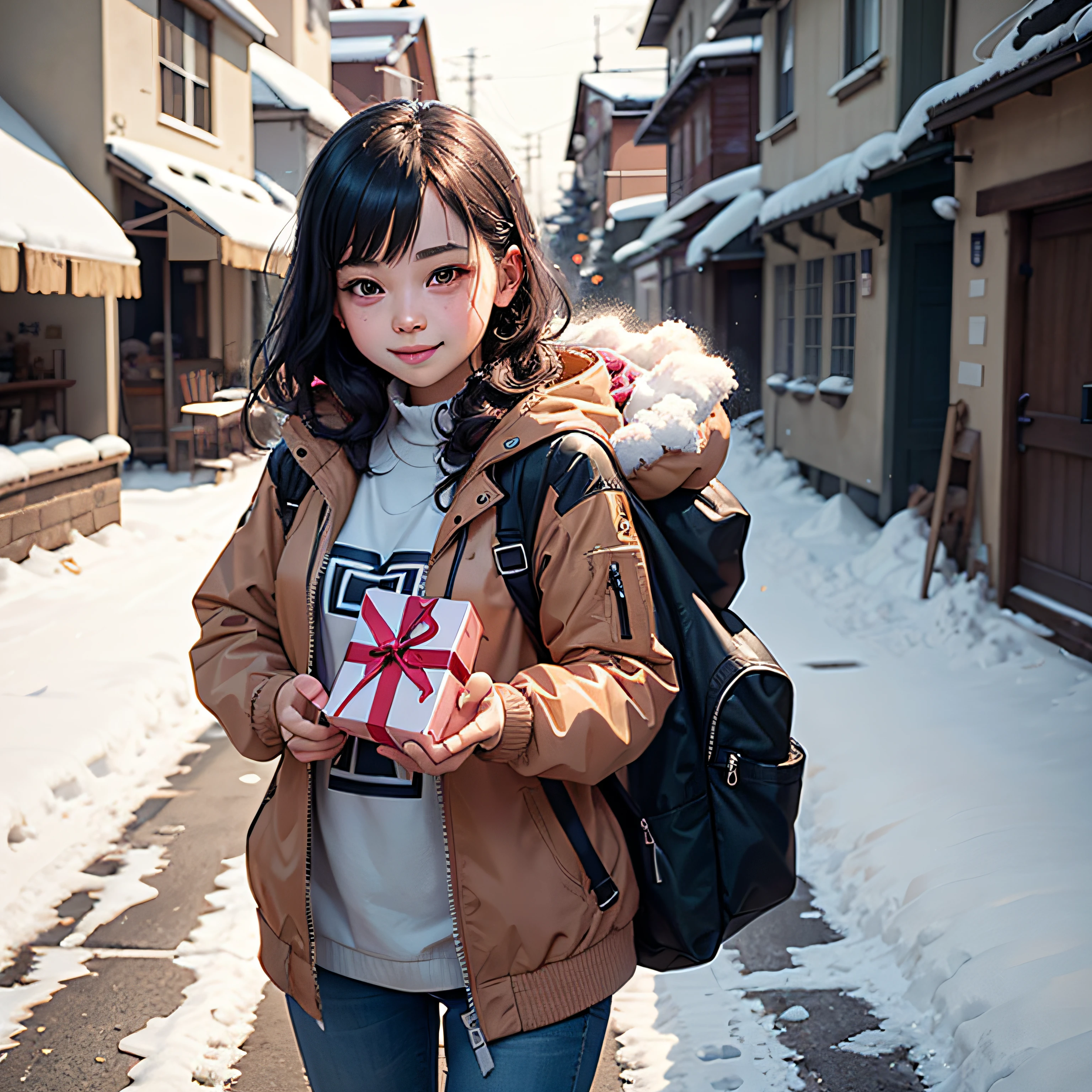 Little smiling girl in the snow, who holds a gift in his hands, Artwork in the style of Guweiz, kawaii realistic portrait, ArtStation, Guweiz on ArtStation Pixiv, Loli, cute, detailed digital art, adorable digital painting, Splash Art Anime Loli, Guweiz, Artgerm and Atey Ghailan, colorful clothes, for jacket --auto