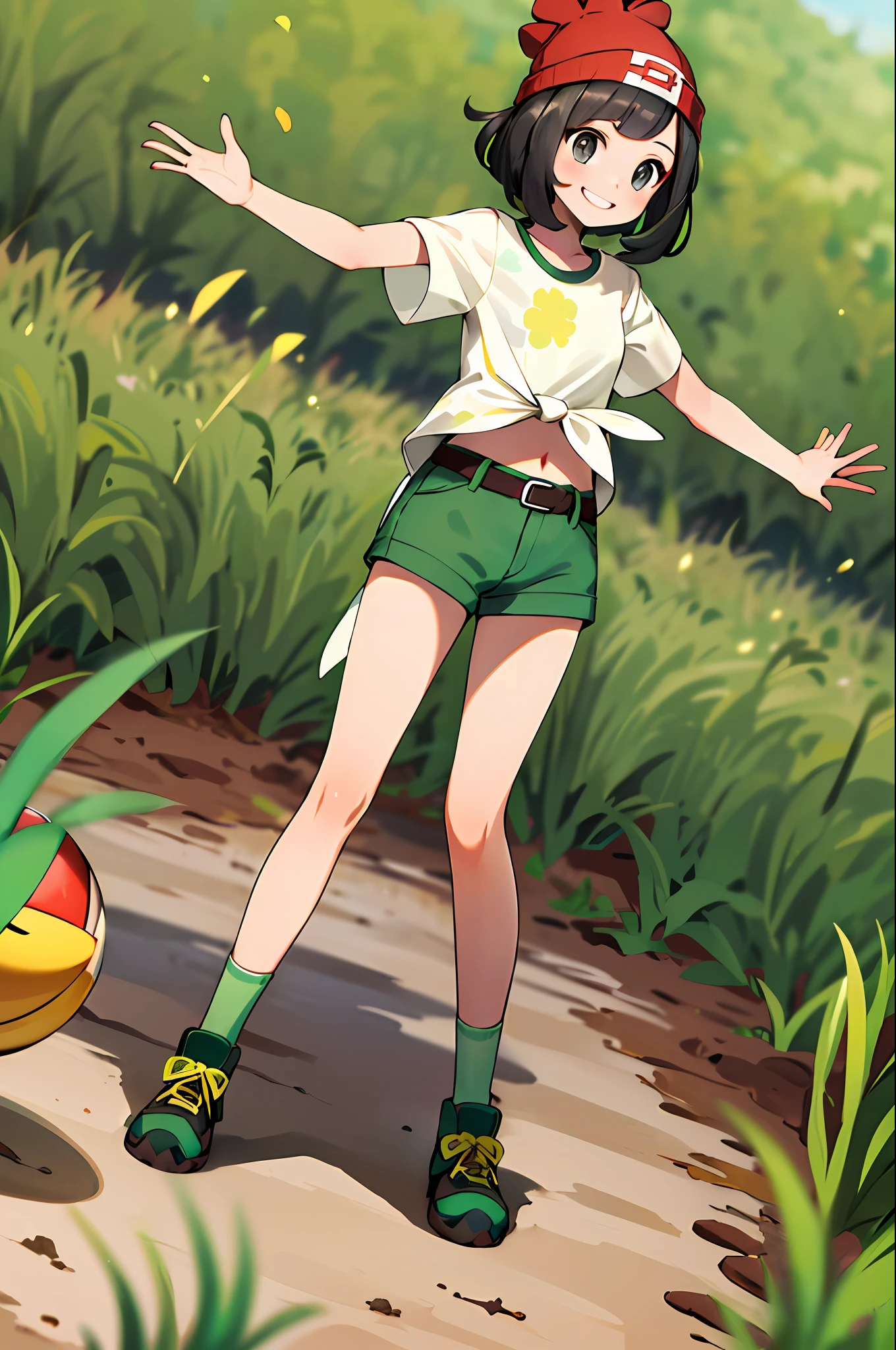 Masterpiece, Best Quality, High Resolution, Selene 1, 1 Girl, Selene 1, 1 Girl, Selene (Pokemon\), Solo, Grey Eyes, Black Hair, Green Shorts, Red Hat, Beanie, Shirt, Tied Shirt, Floral, Short Hair, Short Sleeve, Short Pants, Stripes, Yellow Shirt,Navel Out, Belt, Grass, Field, Smile, Have a Pokeball, Put your hands on your hips, Pokeball \(basic\),((Full body)), upright, (((Junior high school)))), (((8years old-14years old)))), girl, front angle, cute