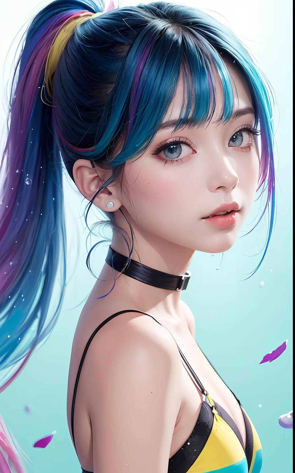 Full body portrait, standing, (colorful fashion ultra-small mini bikini: 1.9), (colorful hair: 1.8), (all colors of the rainbow: 1.8), (vertical: 1.6))), (painting, painting, portrait), cartoon, illustration, painting, large, crystal clear eyes, (rainbow gradient high ponytail: 1.7), exquisite makeup, mouth closed, (small fresh(1.5), (Big: 1.6), long eyelashes, looking at the audience, big watery eyes, (iridescent hair: 1.6), color splash, (solo, :1.8), color splash, color explosion, thick paint style, messy lines, ((sparkling)), (colorful), (colorful), colorful, colorful, chic paint style, (splash) (color splash), vertical painting ,, Paint splash, acrylic pigment, gradient, paint, best quality, best quality, masterpiece, , solo, , depth of field, face paint, colorful clothing, (elegantly: 1.2), gorgeous,long hair, wind, (elegantly: 1.3), (petals: 1.4), (Masterpiece,))))), (Best Quality))), (Ultra detailed))), (Illustration), (Dynamic Angle), ((Floating)), (Paint), (((disheveled hair)), (Solo,), (1 girl), (Detail anima face)))), (Beautiful Detail Face)), Collared, Bare shoulders, White hair, (((Colorful hair)), ((Striped hair)), Beautiful detailed eyes, (Gradient colored eyes), (Colorful eyes)))), ((High Saturation))))) , (((surrounded by colorful splashes))),