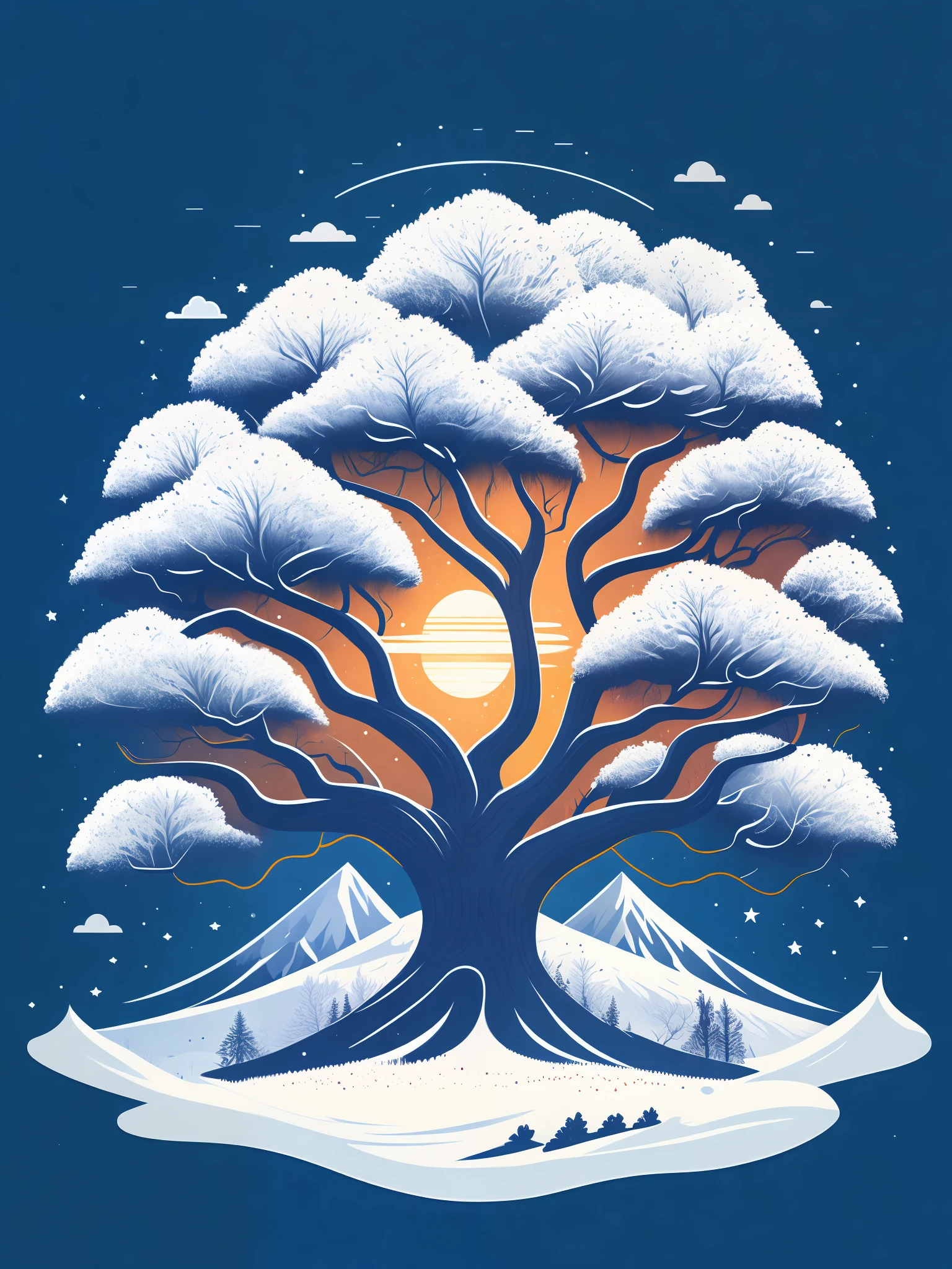 an giant oak tree in a snowy landscape, tshirt design, rzminjourney, vector-art
