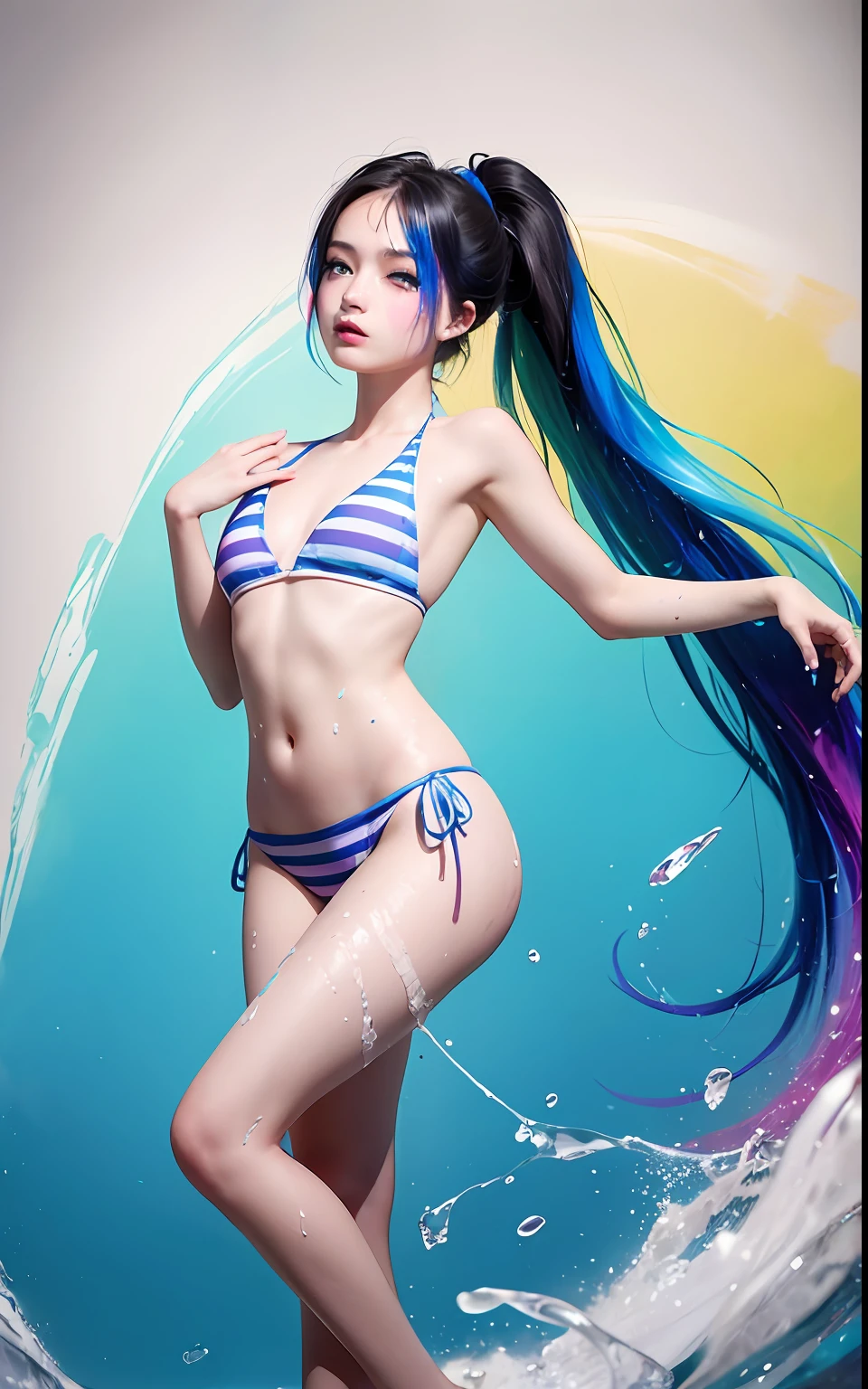 Full body portrait, standing, (colorful fashion ultra-small mini bikini: 1.9), (colorful hair: 1.8), (all colors of the rainbow: 1.8), (vertical: 1.6))), (painting, painting, portrait), cartoon, illustration, painting, large, crystal clear eyes, (rainbow gradient high ponytail: 1.7), exquisite makeup, mouth closed, (small fresh(1.5), (Big: 1.6), long eyelashes, looking at the audience, big watery eyes, (iridescent hair: 1.6), color splash, (solo, :1.8), color splash, color explosion, thick paint style, messy lines, ((sparkling)), (colorful), (colorful), colorful, colorful, chic paint style, (splash) (color splash), vertical painting ,, Paint splash, acrylic pigment, gradient, paint, best quality, best quality, masterpiece, , solo, , depth of field, face paint, colorful clothing, (elegantly: 1.2), gorgeous,long hair, wind, (elegantly: 1.3), (petals: 1.4), (Masterpiece,))))), (Best Quality))), (Ultra detailed))), (Illustration), (Dynamic Angle), ((Floating)), (Paint), (((disheveled hair)), (Solo,), (1 girl), (Detail anima face)))), (Beautiful Detail Face)), Collared, Bare shoulders, White hair, (((Colorful hair)), ((Striped hair)), Beautiful detailed eyes, (Gradient colored eyes), (Colorful eyes)))), ((High Saturation))))) , (((surrounded by colorful splashes))),
