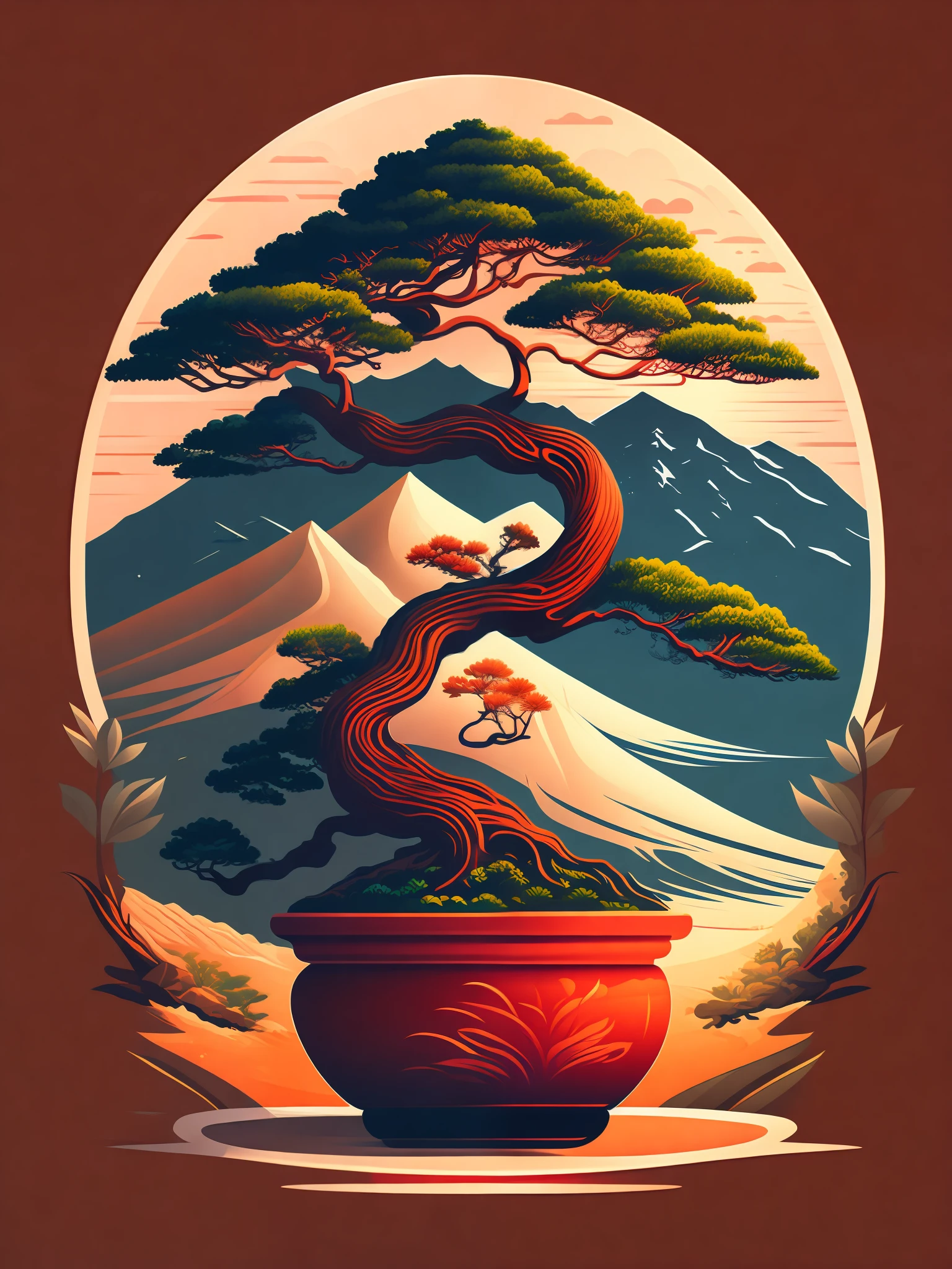 a bonsai tree in a beautiful landscape, tshirt design, rzminjourney, vector-art