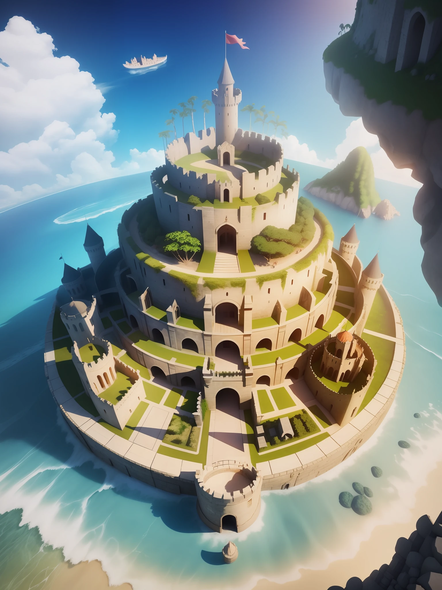 cartoon style, top-down view, scene illustration, nature, ancient magical architecture, castle, main fort, fortress, polygon, game architecture design, summer, ocean waves, swimming ring, shell, flower, tropical fruit, creative, 3d, masterpiece, best quality, cartoon rendering, 8K