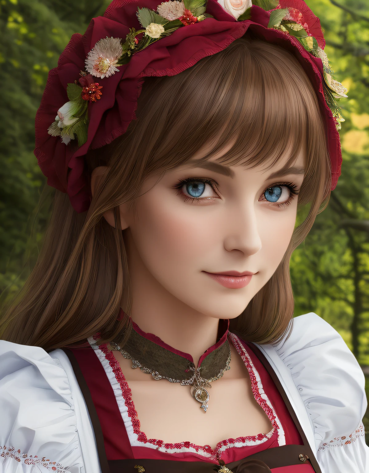 Masterpiece, absurdity, fine detail, HDR, highly detailed face and eyes, (Photorealistic: 2), Dirndol, woman in traditional Bavarian dress posing for photo, German woman, wearing Dirndol