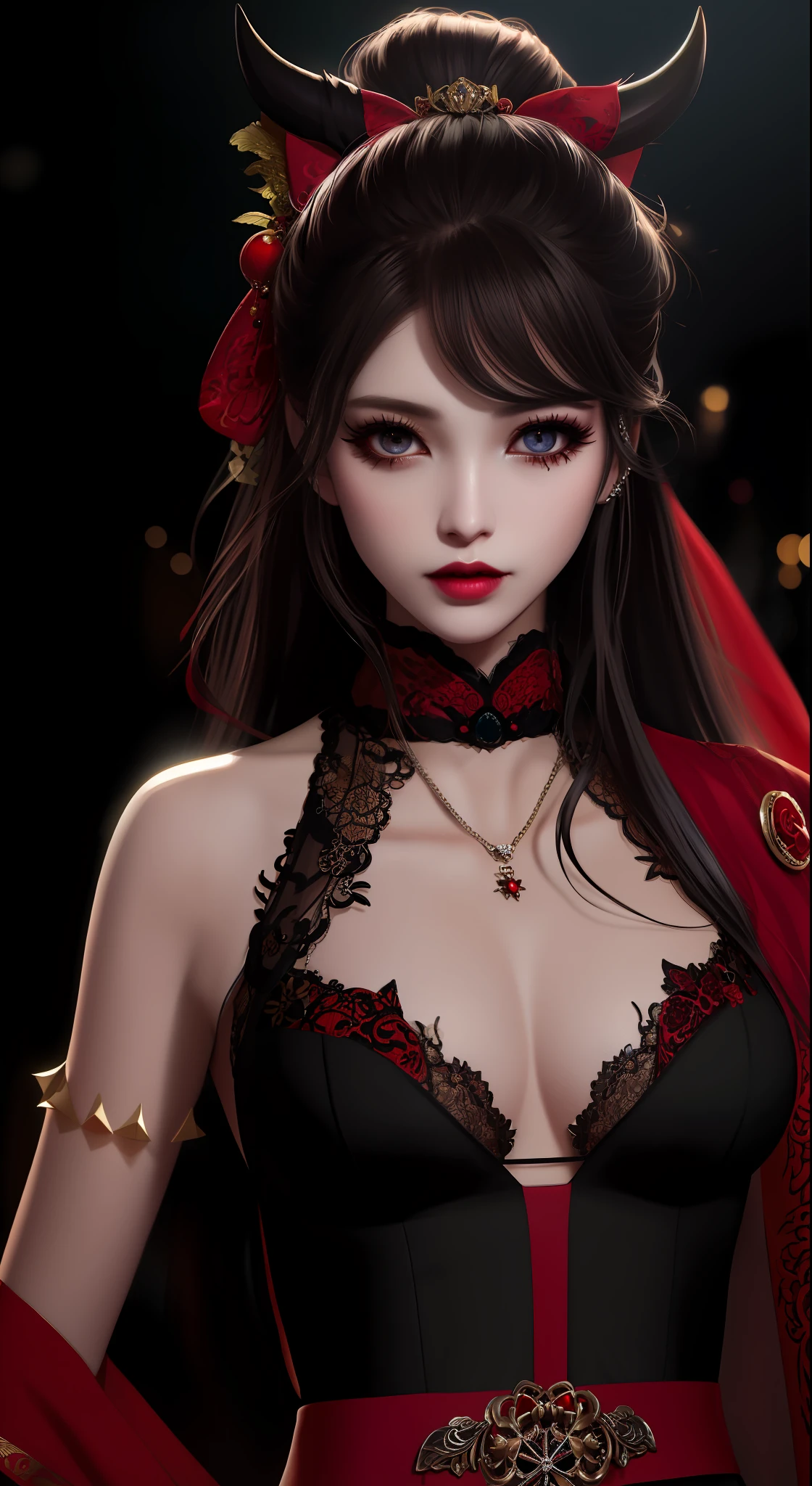 best quality, masterpiece, highres, 1girl, hanfu, white and even teeth, red irises, chinese underwear, hair ornaments, necklace, jewelry, crown jewelry. Pretty face, upper body, magic import style, tyndall effect, photo realistic, dark studio, border light, two tone light, (high detail skin: 1.2), 8k uhd, dslr , soft light, high quality, volumetric light, candid, Photo , high resolution, 4k, 8k, Bokeh, (light pink lips), 1 beautiful demon from hell, In the Dark: 1.6), surreal portraits of women by David Hockney and Alphonse Mucha, fantasy art, photorealism, dynamic lighting, station art, posters, volumetric lighting, highly detailed faces , super 8k, Awarded, in the dark, deep shadow, low light, cowboy lens, (Red phoenix shirt: 1.4), long hair, black hair, bust, luxury palace, Royal style family, devil's crown, red eyes with very sharp and detailed makeup, Best face, Very round and tight breasts, Surreal, chinese women's clothing, turtleneck polo lace top, charming smile, Beautiful eye makeup, guweiz, devil style, black lace stockings, ponytail with a bow at the back, dark red lips, Devil tattoo on shoulder, wearing a nightgown thin lace deep slit chest red black, lace cape, overcast and thunderous landscape, (Portrait), Close-up of main character, (Background detail 1.8),