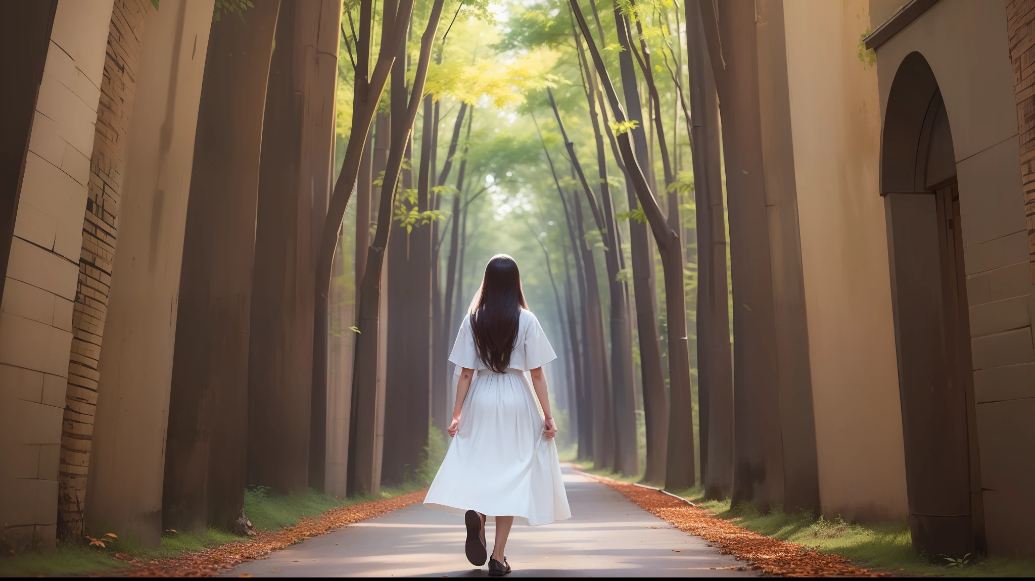 A beautiful maiden walks through the bamboo forest, leading naturally to an unknown but certainly beautiful place