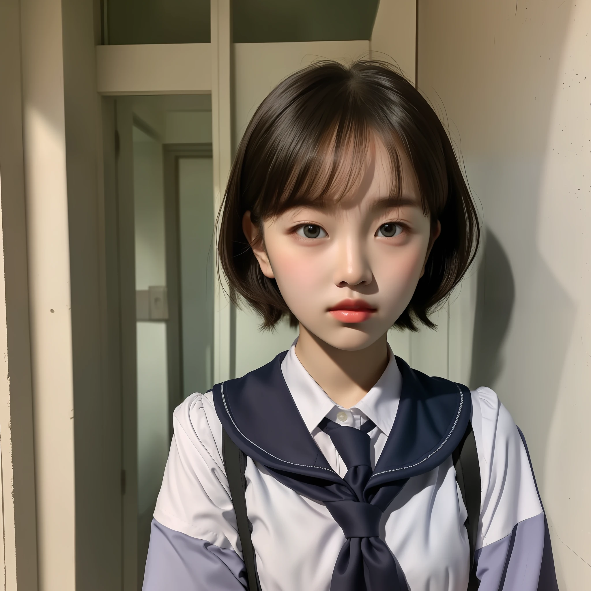 Beautiful schoolgirl staring at camera, short cut, face up shot, summer clothes, puberty, dusk, frontal, portrait