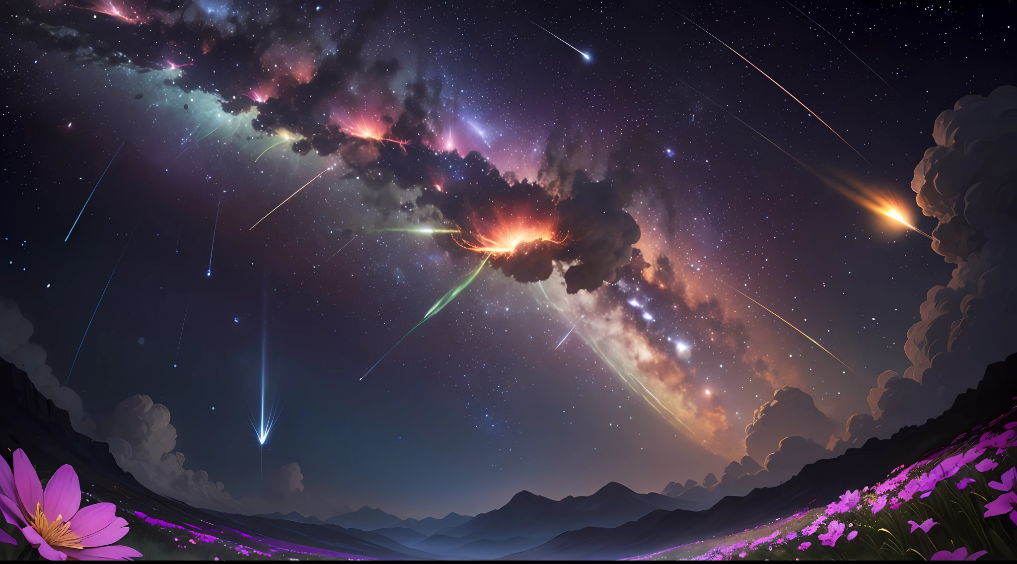 (zoomed out:1.1), (meteor shower:1.2), (comet:1.1), low angle, aroura borealis, shooting star, best quality, masterpiece, cloud, colorful, starry, stars, night, flower field, flower blossom, night sky, beautiful flowers, night theme, --auto