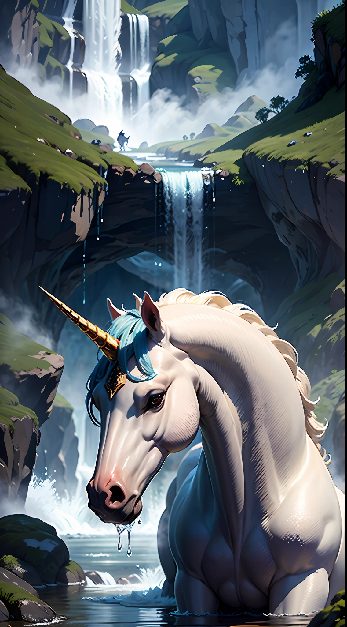 Unicorn drinking water by the waterfall, unicorn close-up, face sideways, national tide works, magnificent atmosphere, ancient Chinese architectural complex, photo realism, film lighting, volumetric lighting, split lighting shooting in a dark atmosphere