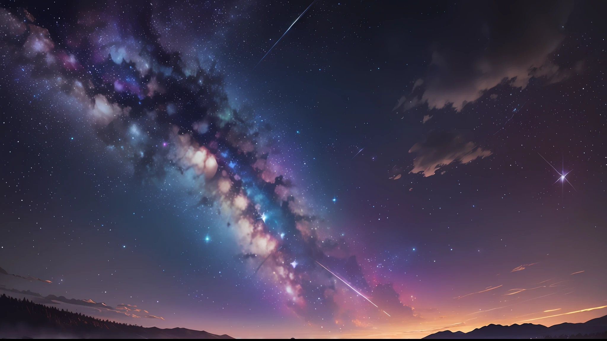 (zoomed out:1.1), (meteor shower:1.2), (comet:1.1), low angle, aroura borealis, shooting star, best quality, masterpiece, cloud, colorful, starry, stars, night, flower field, flower blossom, night sky, beautiful flowers, night theme, --auto