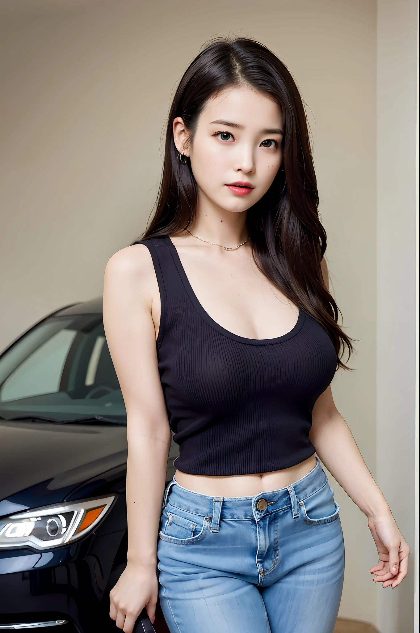 Nikon RAW Photos, 8k, Fujifilm XT3, Masterpiece, Top Quality, 1girl, Solo, Realistic, Photorealistic, Ultra Detailed, Diamond Stud Earrings, Long Straight Black Hair, Hazel Eyes, Smile, Slender Figure, Black Hoodie, Gray Jeans, IU1, Big Breasts, Slender, Seductive Smile, Car Interior, Lifting Clothes, Tight Tank Top,
RAW,((Perfect Anatomy)), Top Quality, Absurdity, (Photorealistic: 1.4), (One Girl, Solo: 1.7), (Cowboy Shot), (POV: 1.0), (19-year-old girl: 1.6) (Armlet, Anklet)
, full body, camel toe, wearing black boots, high heels, chest open
Background: city, Korea, street, night, starry sky, soft light