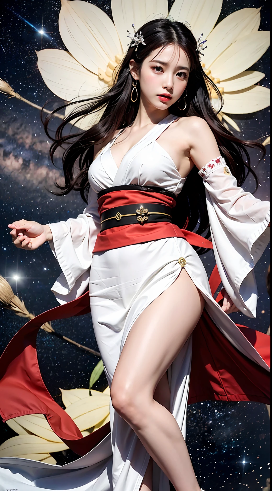 Masterpiece, 1 beautiful girl, detailed eyes, swollen eyes, top quality, super high res, (Reality: 1.4), cinematic lighting, Japanese, Asian beauty, Korean, very beautiful, beautiful skin, slender, body facing forward, (super realistic), (high res), (8K), (very detailed), ( best illustration), (beautifully detailed eyes), (super detailed), (wallpaper), detailed face, bright lighting, professional lighting, looking viewer, facing straight ahead, Japanese princess, long hair, pureerosfaceace_v1, Orihime in Japanese Tanabata festival, Milky Way, sky with countless twinkling stars in background, night, galaxy Japanese kimono, sexy dress (slit at thigh) imitating Japanese kimono (kimono, red, white), full body shot, feather hair ornament, accessories, dynamic, flying, fantasy, dynamic body, dynamic hair, appears to be floating in the sky, Kyoko Saito,