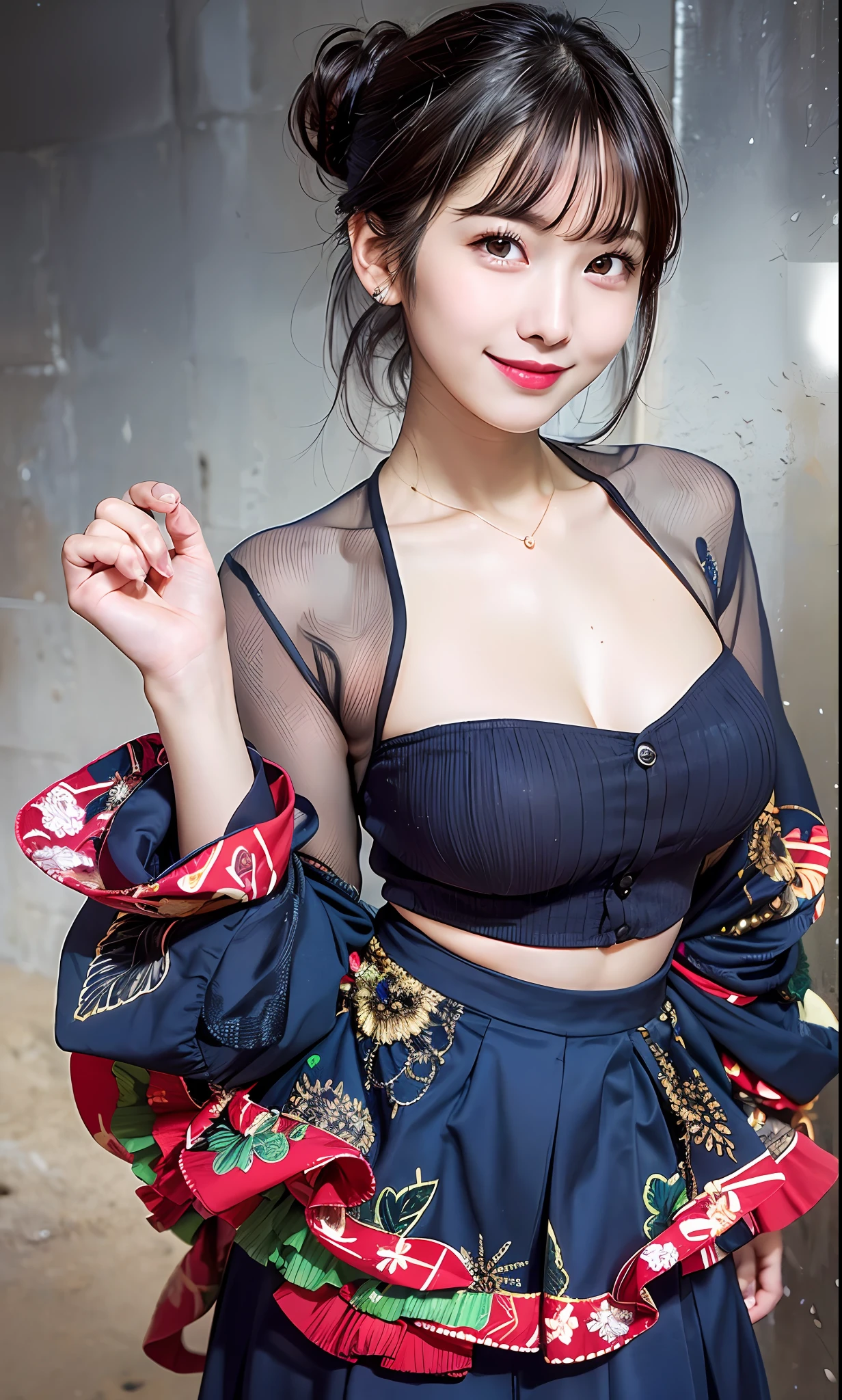 ulzzang-6500-v1.1, (Raw photo:1.2), (Photorealistic:1.4), Beautiful detailed girl, Very detailed eyes and face, Beautiful detailed eyes, Ridiculous, Incredibly ridiculous, Huge file size, Ultra detailed, High Definition, Very detailed, Best quality, Masterpiece, Kemomimi, ((Japan Underground Idol Costume)), Illustration, Very detailed, CG, unification, 8k wallpaper, fantastic, fine details, masterpiece, best quality, highly detailed cg uniform 8k wallpaper, light on face, movie lighting, 19 year old girl, ((smile)), ((dynamic pose))), ((big), (dark blue skirt), (slender figure)), dark brown hair color, ponytail hairstyle, transcendent beautiful girl,