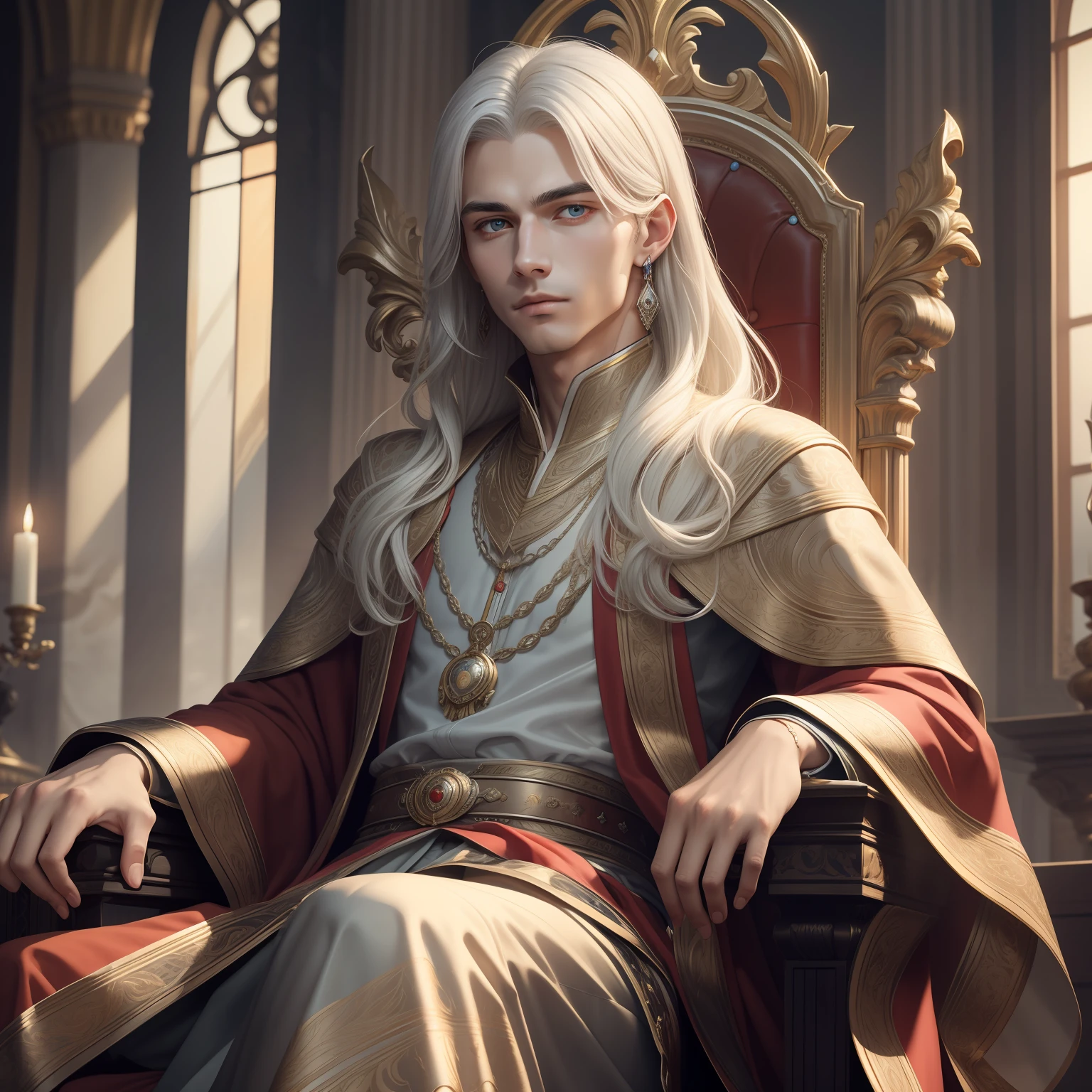 (Masterpiece) 8K resolution, beautiful young man sitting on a throne, emperor, silver hair shining like silk, crimson eyes, neat face, well-formed appearance, earrings with fine work, model style, fantasy style,