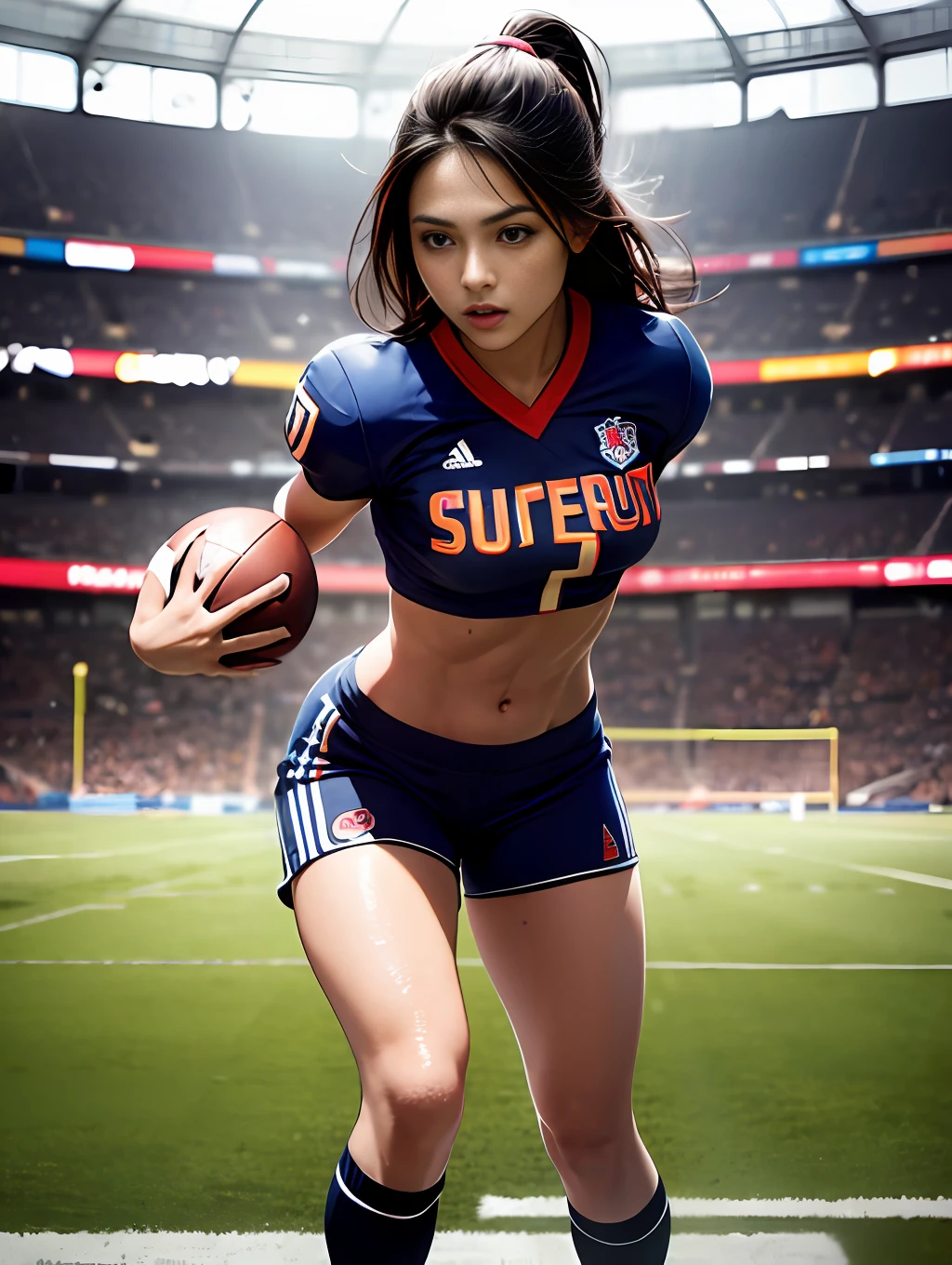 masterpiece,super detailed realistic illustration,1beautiful girl,football‐succer uniform,tone abs,detailed beautiful big eyes,shiny skins,wet skins sweat,dynamic pose,football‐succer match venue,dramatic,light,