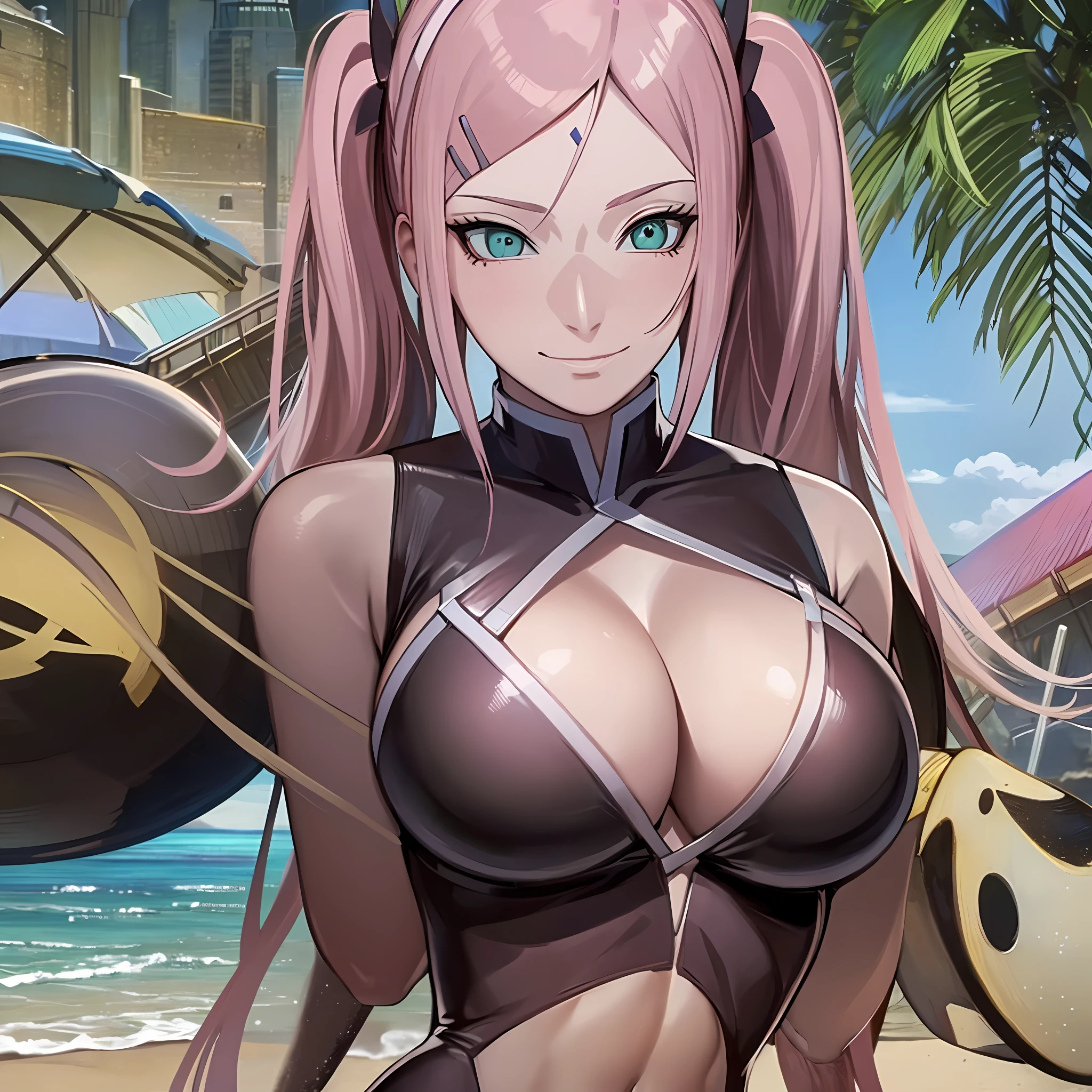 (masterpiece:1.4, best_quality), masterpiece_illustration, simple_background, sharp_focus, beautiful_detailed_eyes, beautiful_detailed_eyelashes, outline, ((beach, outdoors)), 1girl, solo, seductive_smirk, green_eyes, pink_hair, long_hair, very_long_hair, ((twintails)), bangs, hair_ornament, hairclip, sleeveless, breasts, huge_breasts, cleavage, black_bikini, multi_colored_nails, nail_art, nail_polish, navel, thighs, skindentation, nicoledemarazzz