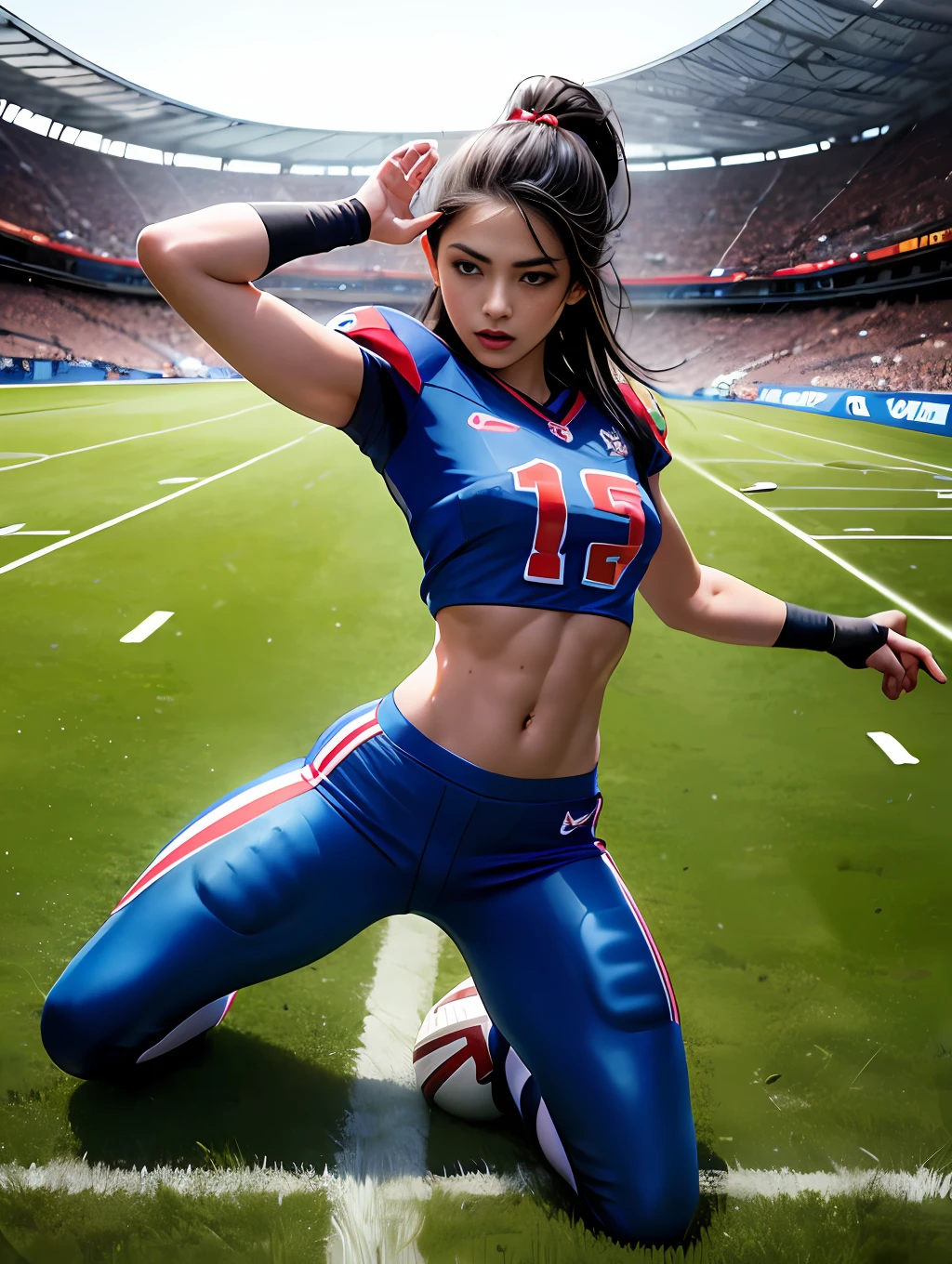 masterpiece,super detailed realistic illustration,1beautiful girl,football‐succer uniform,tone abs,detailed beautiful big eyes,shiny skins,wet skins sweat,dynamic pose,football‐succer match venue,dramatic,light,