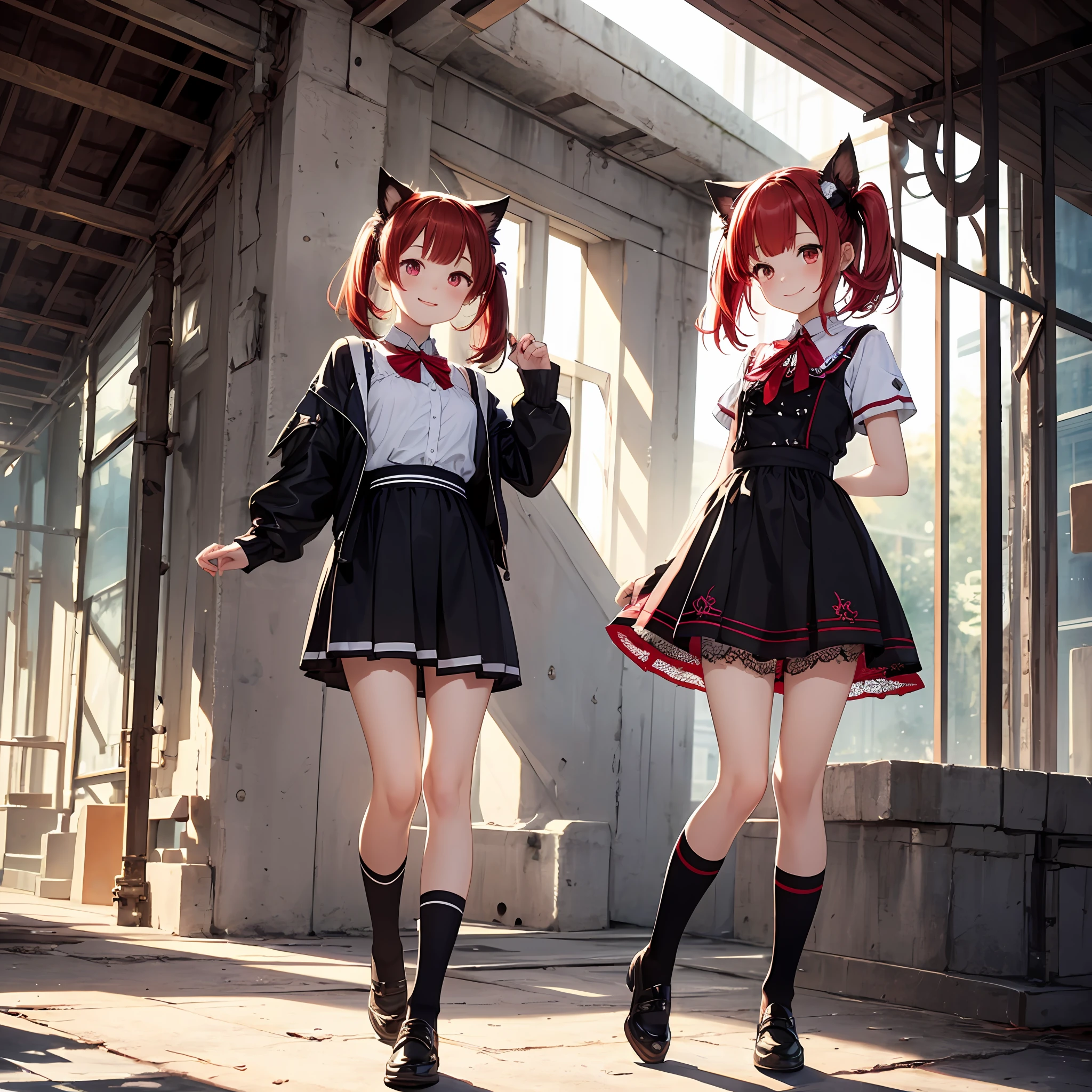 beautiful girl,red hair,lace clothes,2d illustration,goth loli,sweet loli,half twin tails,knee high socks,big,super cute,(best quality),full body ,(masterpiece),(super detailed),one,red eyes,short hair,bright,big eyes,divine,natural light,smile,black cat ears,suzuran --auto