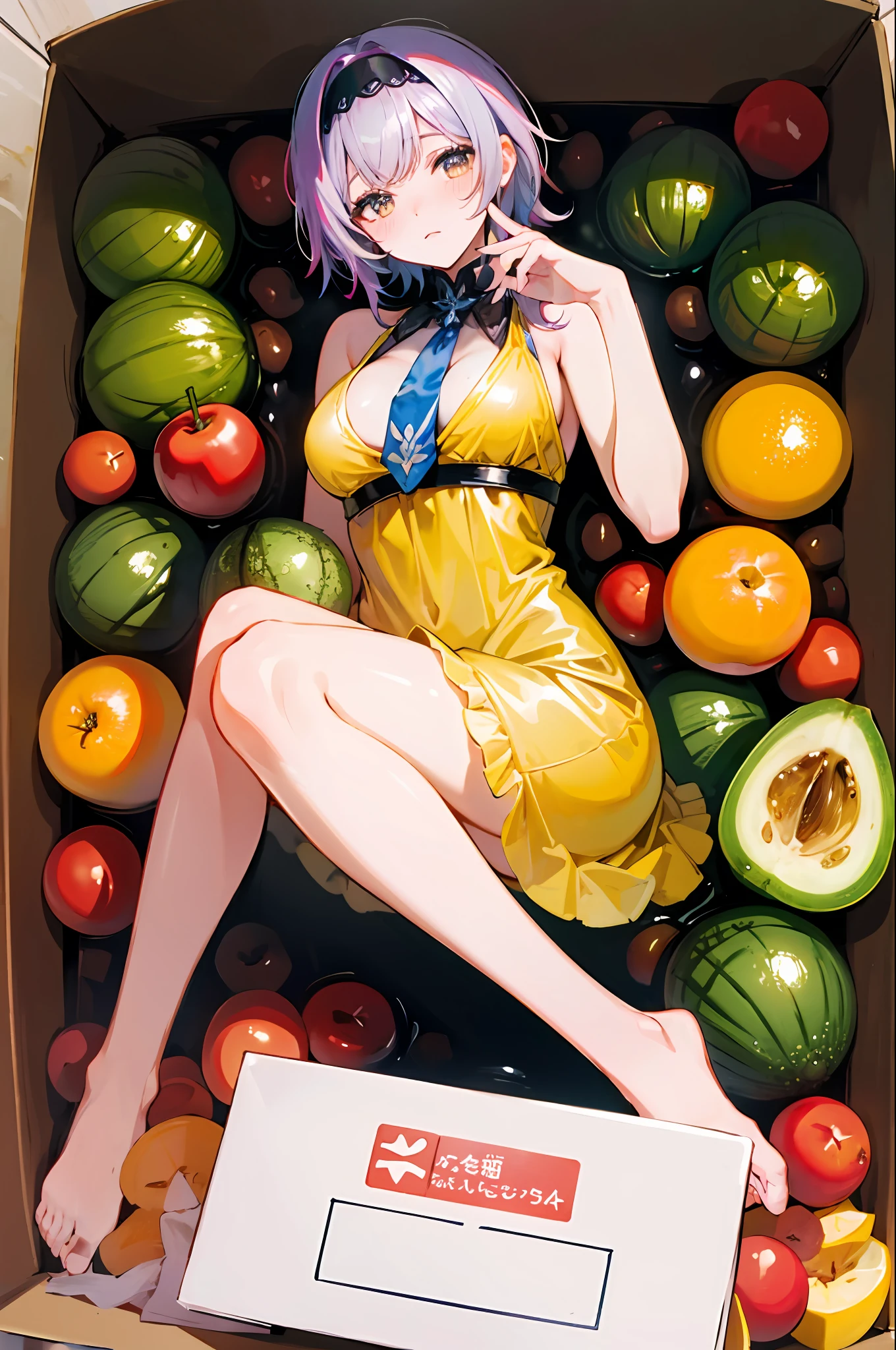 (Masterpiece, top quality, best quality, official art, beautiful beauty: 1.2), (8K, best quality, masterpiece: 1.2), a woman, short pink hair, headdress, yellow dress, black tie, delicate facial features, lying in a huge box with shy expression, the box is filled with apples, oranges, pears, cherries, tomatoes, cucumbers, peppers, cabbage, onions