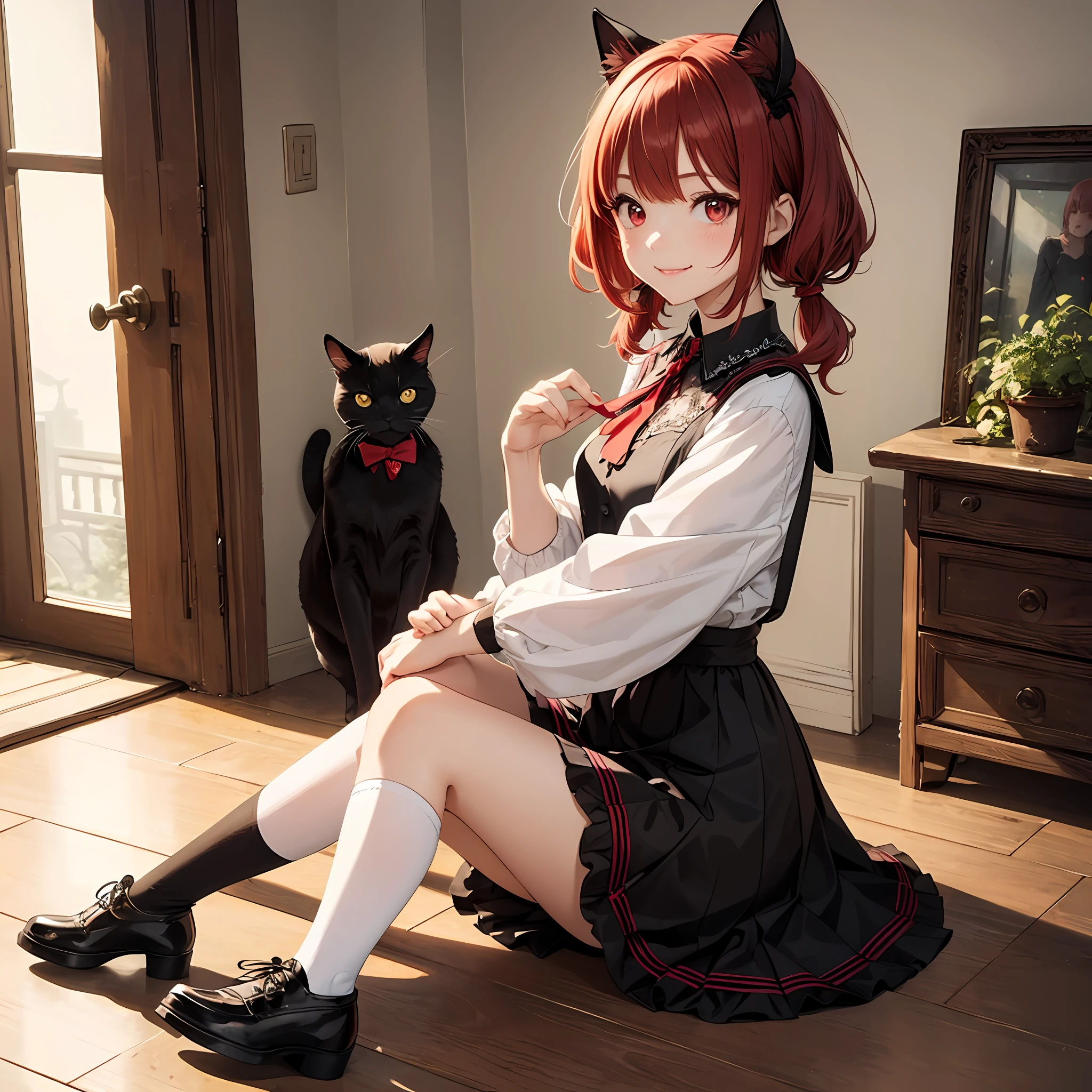 beautiful girl,red hair,lace clothes,2d illustration,goth ,sweet lolif twin tails,knee high socks,big,super cute,(best quality),full body ,(masterpiece),(super detailed),one,red eyes,short hair,bright,big eyes,divine,natural light,smile,black cat ears,suzuran --auto