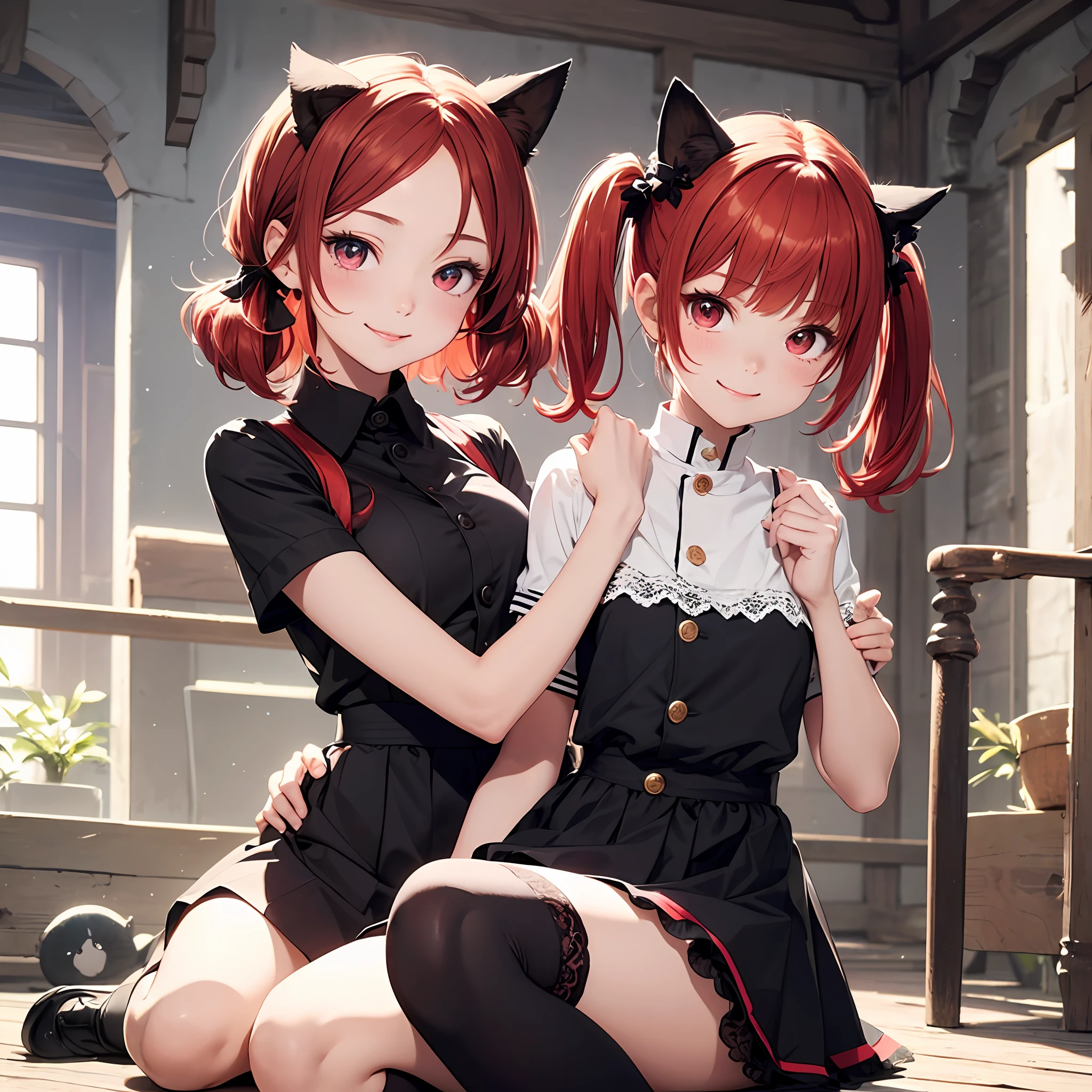 beautiful girl,red hair,lace clothes,2d illustration,goth loli,sweet loli,half twin tails,knee high socks,big,super cute,(best quality),full body ,(masterpiece),(super detailed),one,red eyes,short hair,bright,big eyes,divine,natural light,smile,black cat ears,suzuran --auto