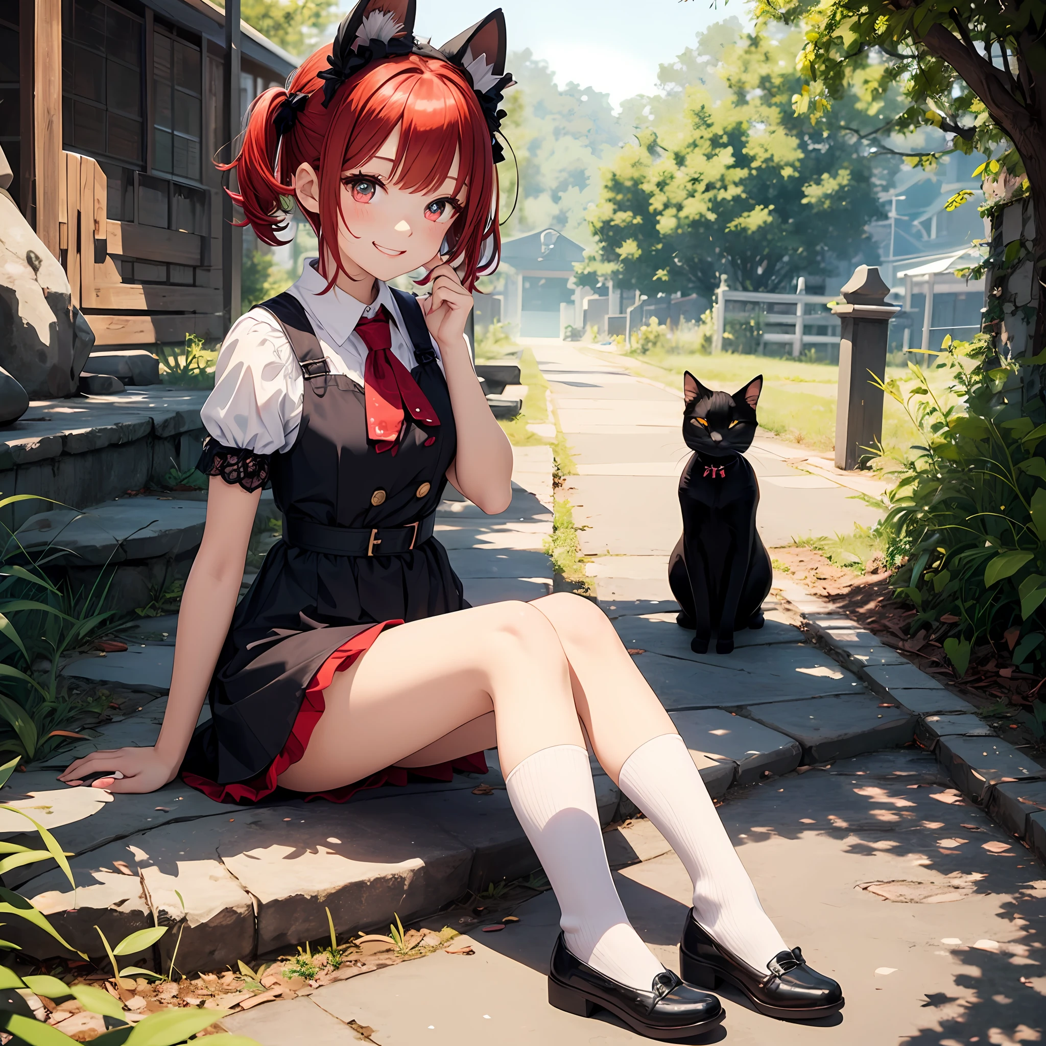 beautiful girl,red hair,lace clothes,2d illustration,goth ,sweet lolif twin tails,knee high socks,big,super cute,(best quality),full body ,(masterpiece),(super detailed),one,red eyes,short hair,bright,big eyes,divine,natural light,smile,black cat ears,suzuran --auto