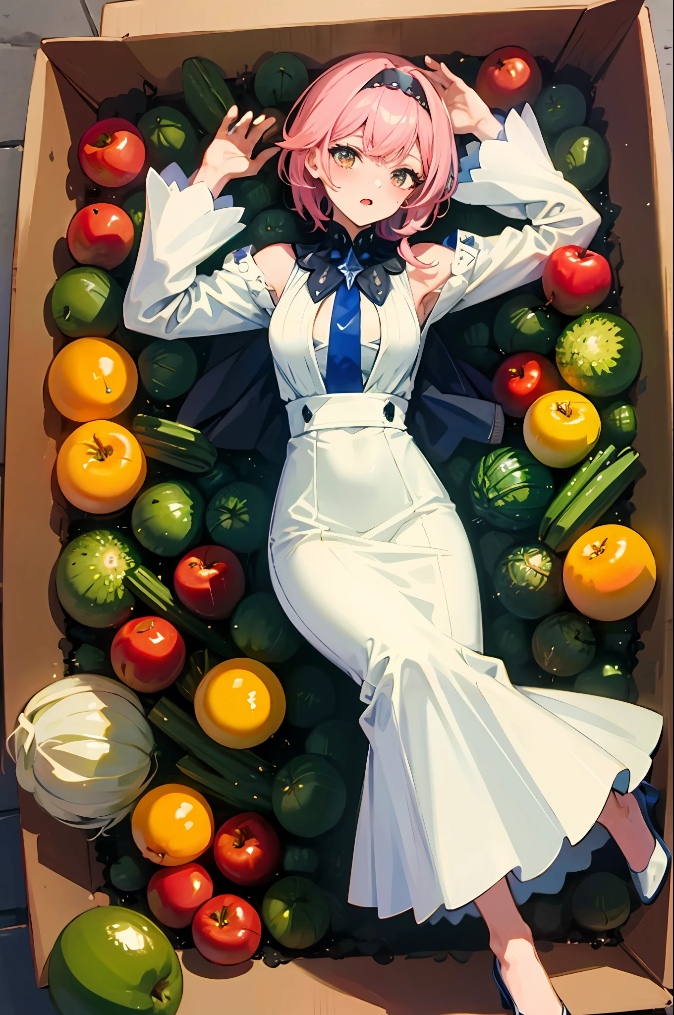 (Masterpiece, top quality, best quality, official art, beautiful beauty: 1.2), (8K, best quality, masterpiece: 1.2), a woman, short pink hair, tiara, yellow dress, black tie, delicate facial features, lying in a huge box, shy expression, the box is filled with apples, oranges, pears, cherries, tomatoes, cucumbers, peppers, cabbage