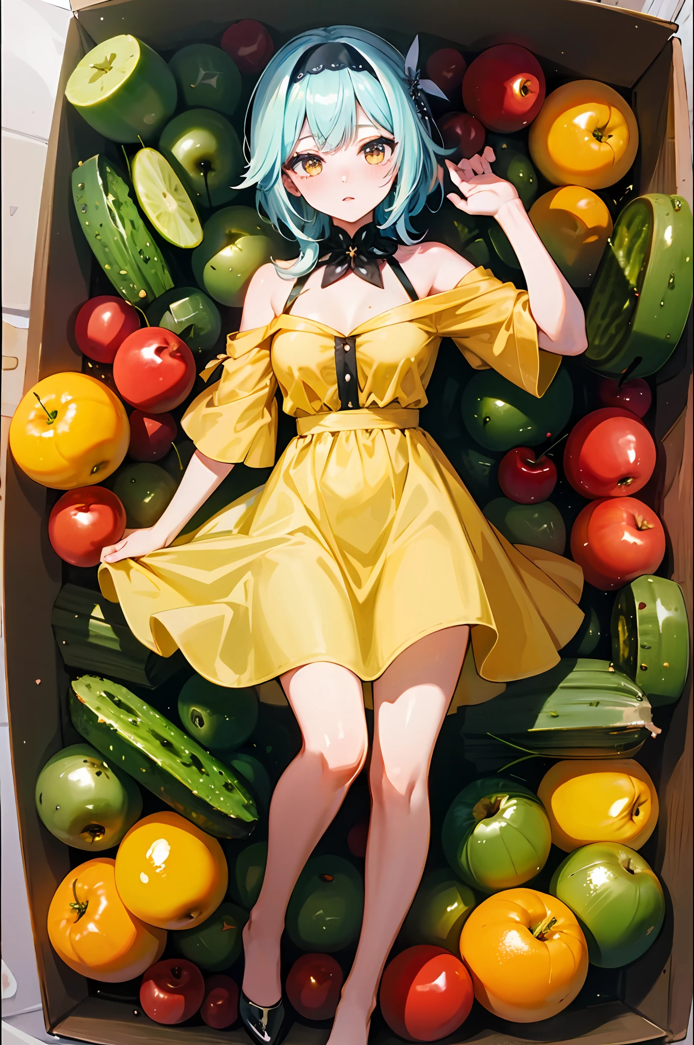 (Masterpiece, top quality, best quality, official art, beautiful beauty: 1.2), (8K, best quality, masterpiece: 1.2), a woman, short pink hair, tiara, yellow dress, black tie, delicate facial features, lying in a huge box, shy expression, the box is filled with apples, oranges, pears, cherries, tomatoes, cucumbers, peppers, cabbage