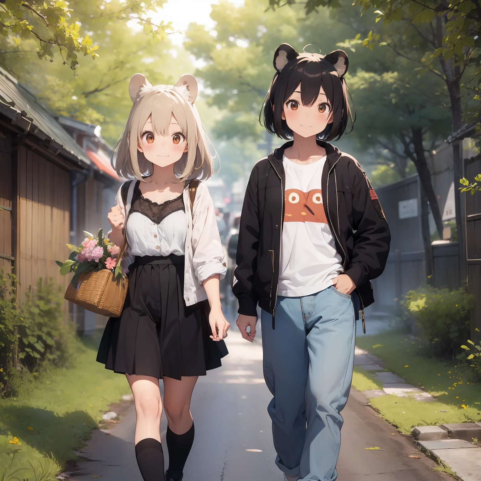 (Tanuki Ear Girl: 1.3) (Rabbit-eared girl: 1.3) Two people walking side by side on a country road Smile