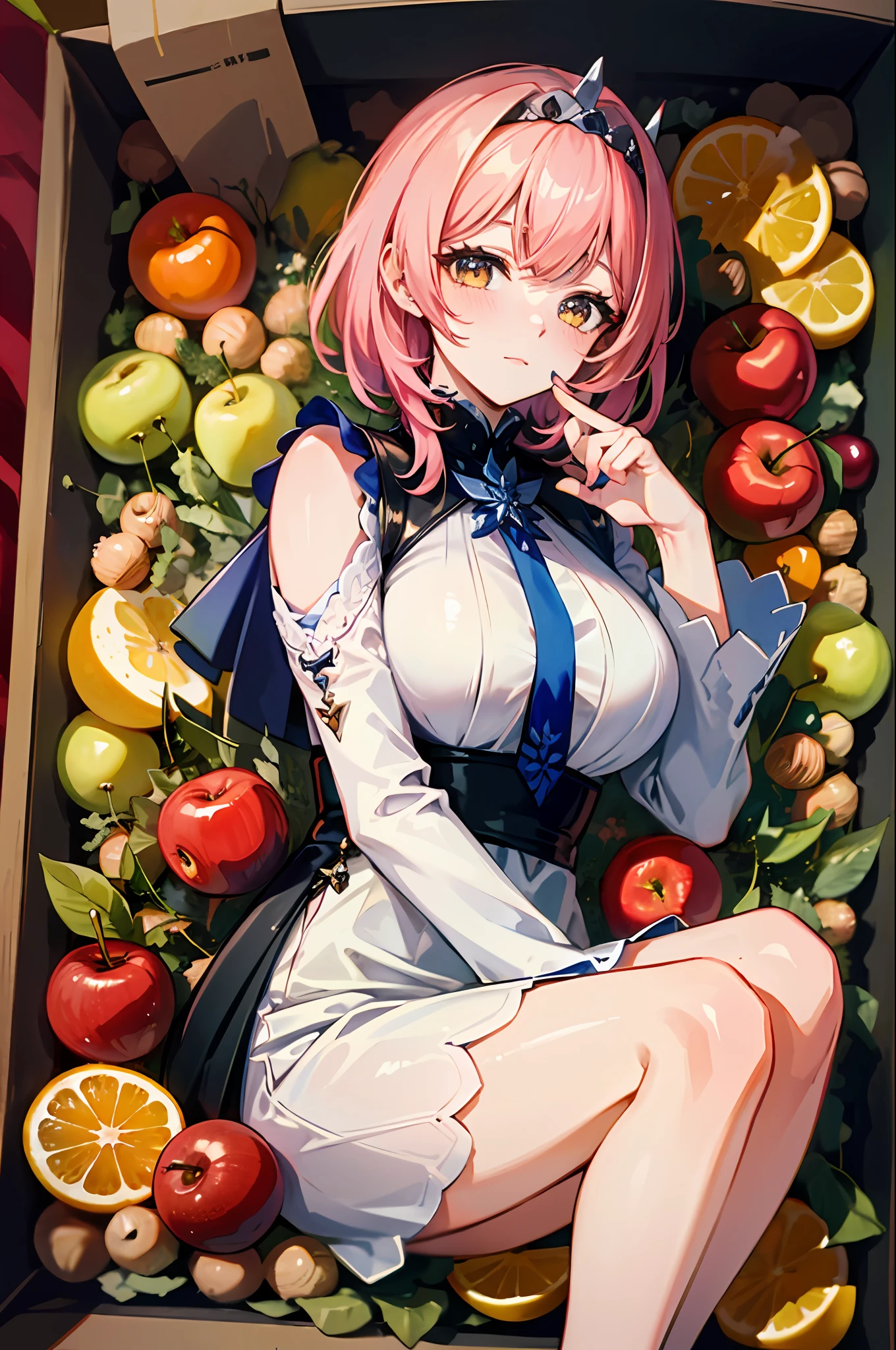 (Masterpiece, top quality, best quality, official art, beautiful beauty: 1.2), (8K, best quality, masterpiece: 1.2), a woman, short pink hair, tiara, white yellow dress, black tie, delicate facial features, lying in a huge box with a shy expression, the box is filled with apples, oranges, pears, cherries