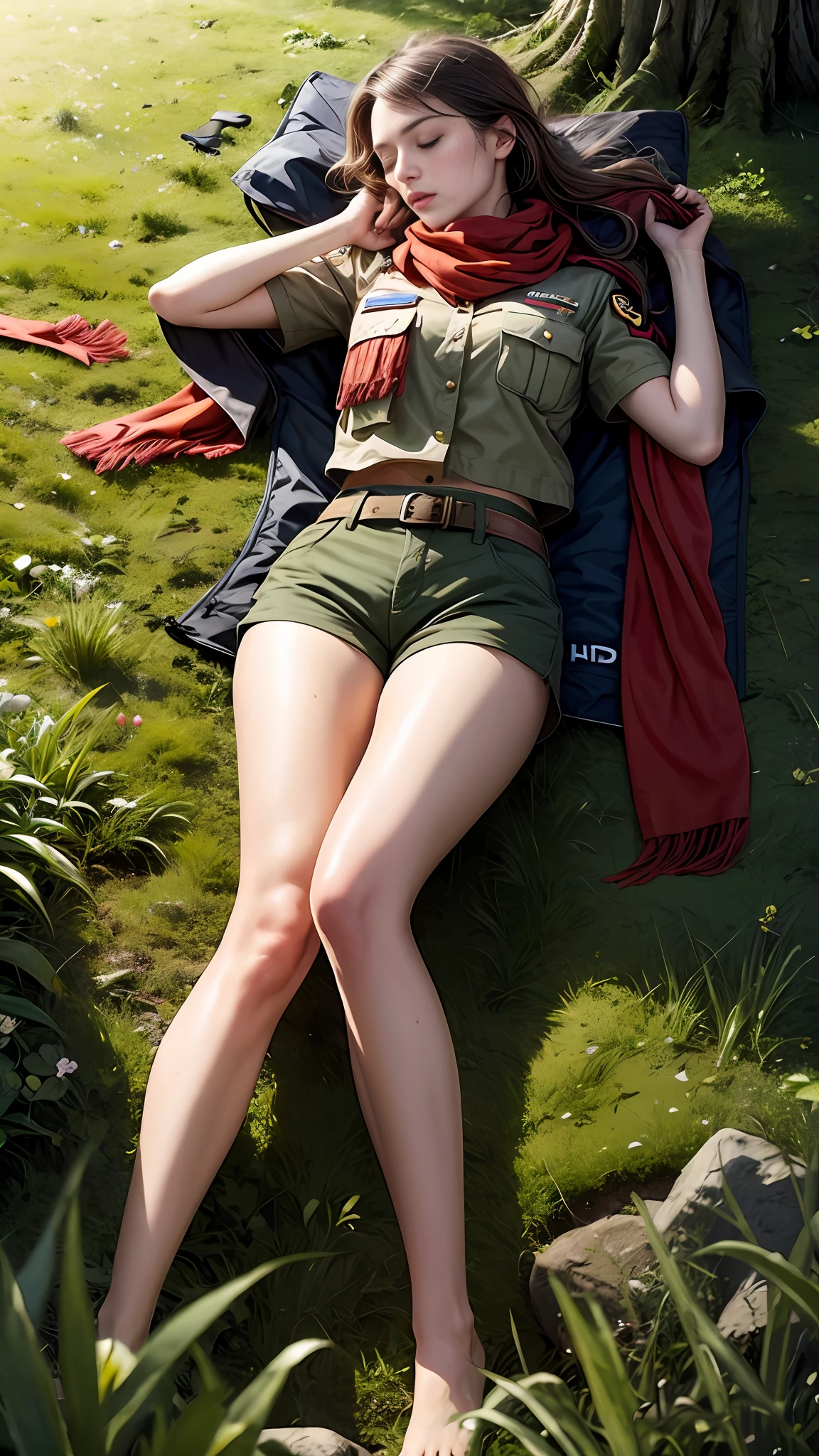 Uhd, realistic, intricate details, 1 French girl, in khaki scout outfit, shorts, shirt, scarf tied around the neck, in the forest, lying in the grass, tall, thin, perfect bodies, in feet, sleeping