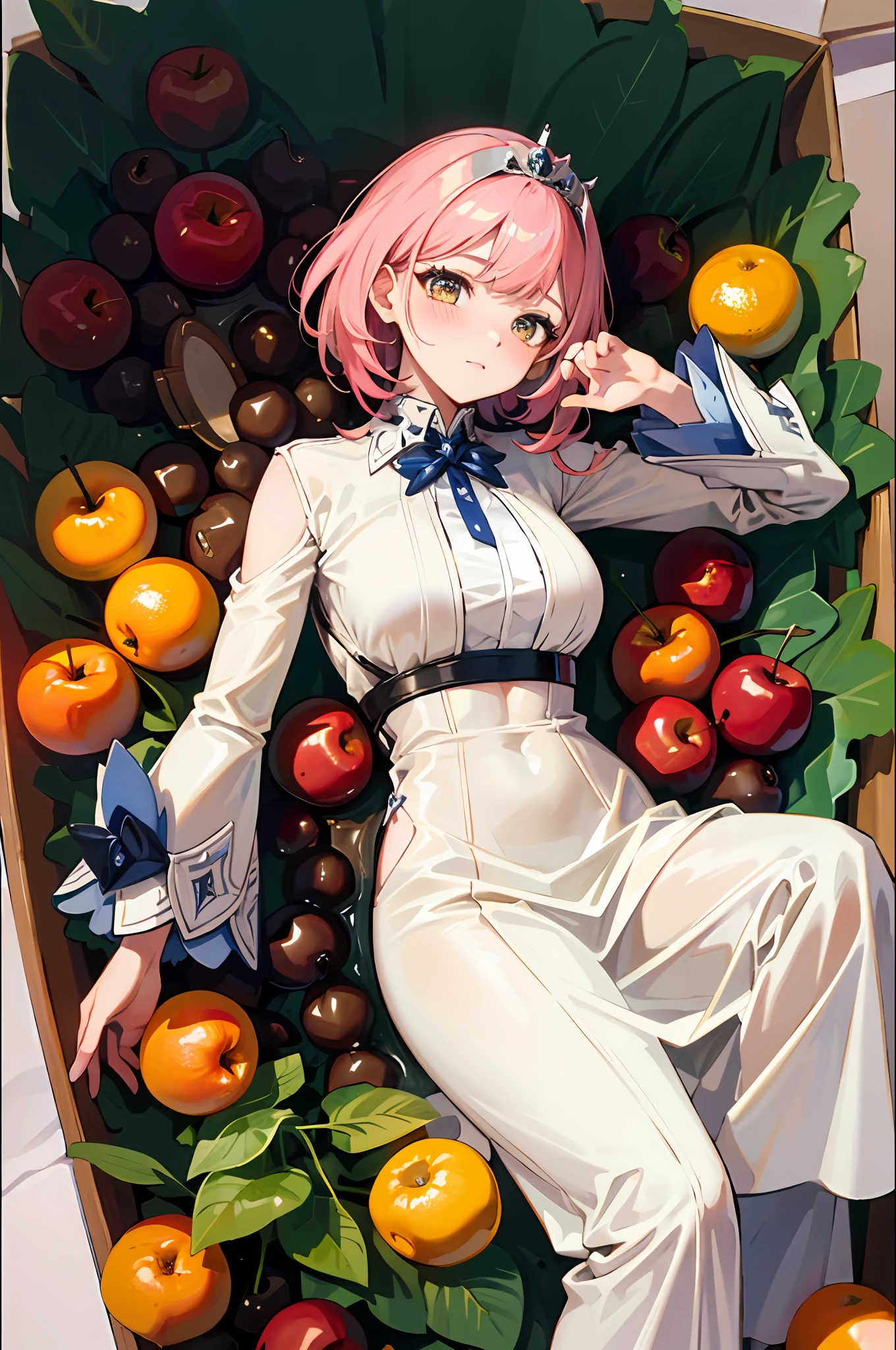 (Masterpiece, top quality, best quality, official art, beautiful beauty: 1.2), (8K, best quality, masterpiece: 1.2), a woman, short pink hair, tiara, white yellow dress, black tie, delicate facial features, lying in a huge box with a shy expression, the box is filled with apples, oranges, pears, cherries