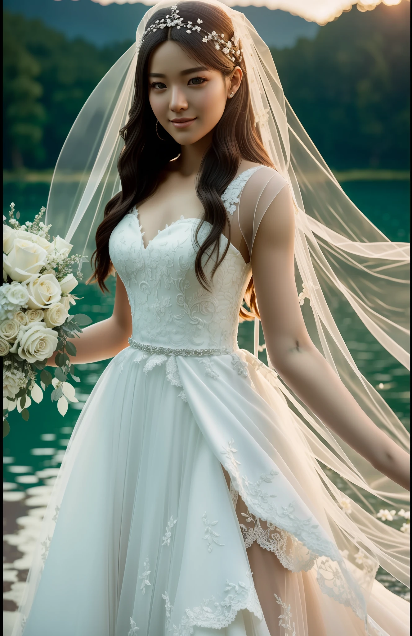 Masterpiece, highest quality, solo focus, complex
(High detail: 1.1) (Perfect face: 1.1) white wedding dress, pretty Japan woman, smiling, lace, veil, fantasy, white flowers on head, mysterious lake,
Viking origin, shining eyes, full body, Lee Jeff
Leeds Nikon D850 Film Stock Photo 4 |
Kodak Portra 400 Camera F1.6 Lens
Rich colors Ultra realistic
Realistic textures Dramatic lighting
Unreal Engine
Trending at Art Station CineStill
800 --auto