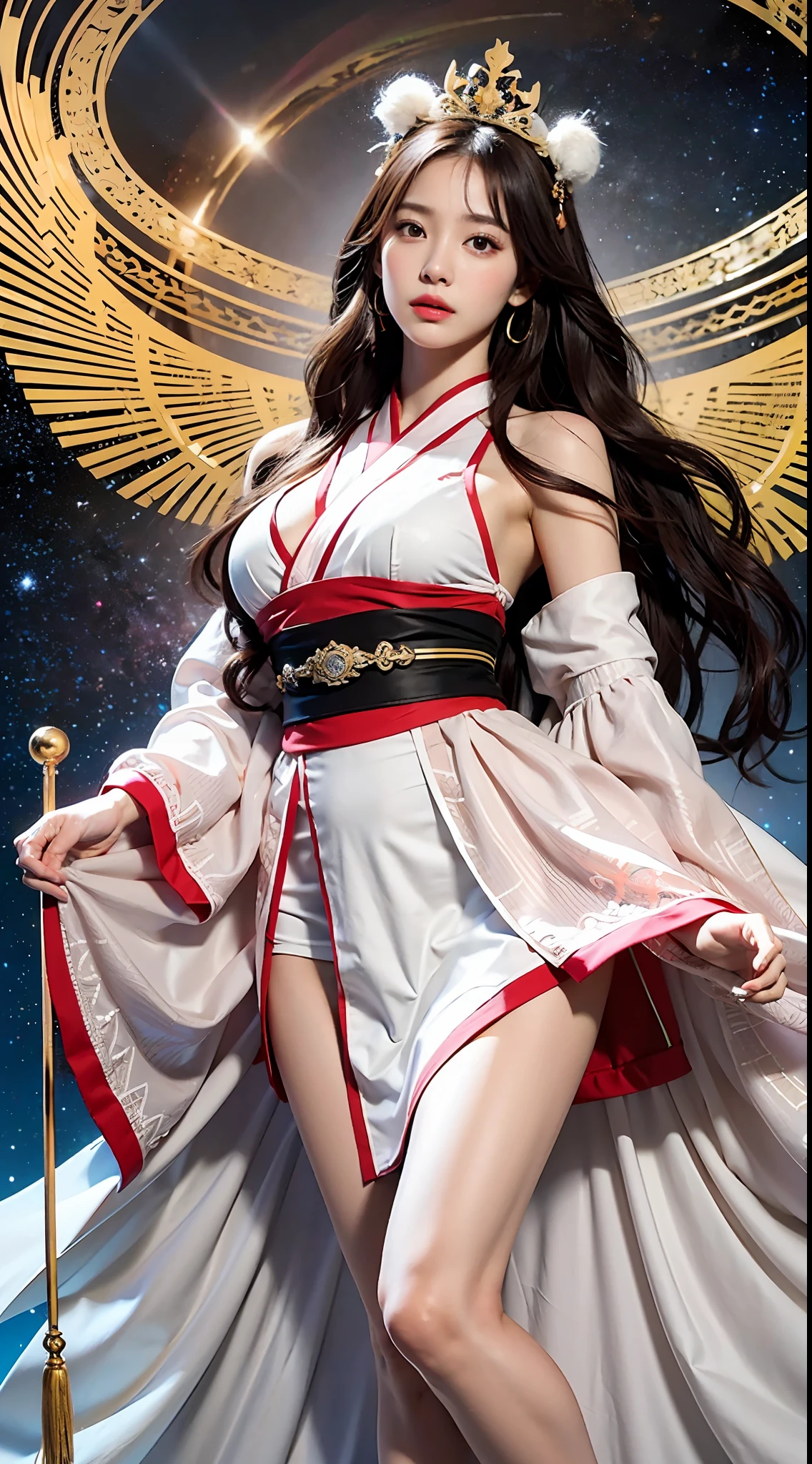 Masterpiece, 1 beautiful girl, detailed eyes, swollen eyes, top quality, super high res, (Reality: 1.4), cinematic lighting, Japanese, Asian beauty, Korean, very beautiful, beautiful skin, slender, body facing forward, (super realistic), (high res), (8K), (very detailed), ( best illustration), (beautifully detailed eyes), (super detailed), (wallpaper), detailed face, bright lighting, professional lighting, looking viewer, facing straight ahead, Japanese princess, long hair, pureerosfaceace_v1, Orihime in Japanese Tanabata festival, Milky Way, sky with countless twinkling stars in background, night, galaxy Japanese princess, long hair, sexy dress (slit at thigh) imitating kimono (kimono, red, white), full body shot, feather hair ornament, accessories, dynamic, flying, fantasy, dynamic body, dynamic hair, appears to be floating in the sky, Senjogahara Hitagi, old Japanese Princess costume,